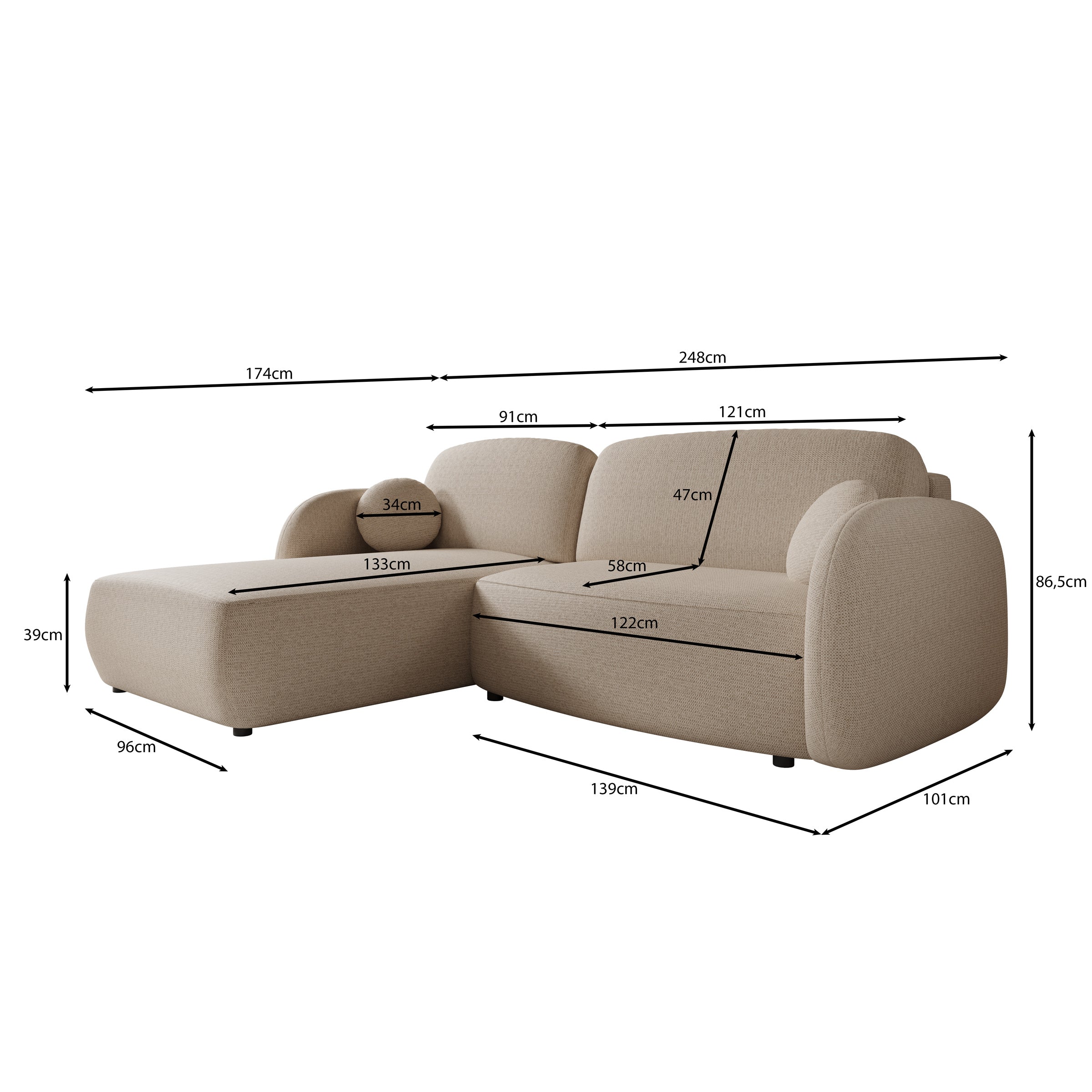 Ometa - Hoekbank 3-zits met chaise longue - Stof beige