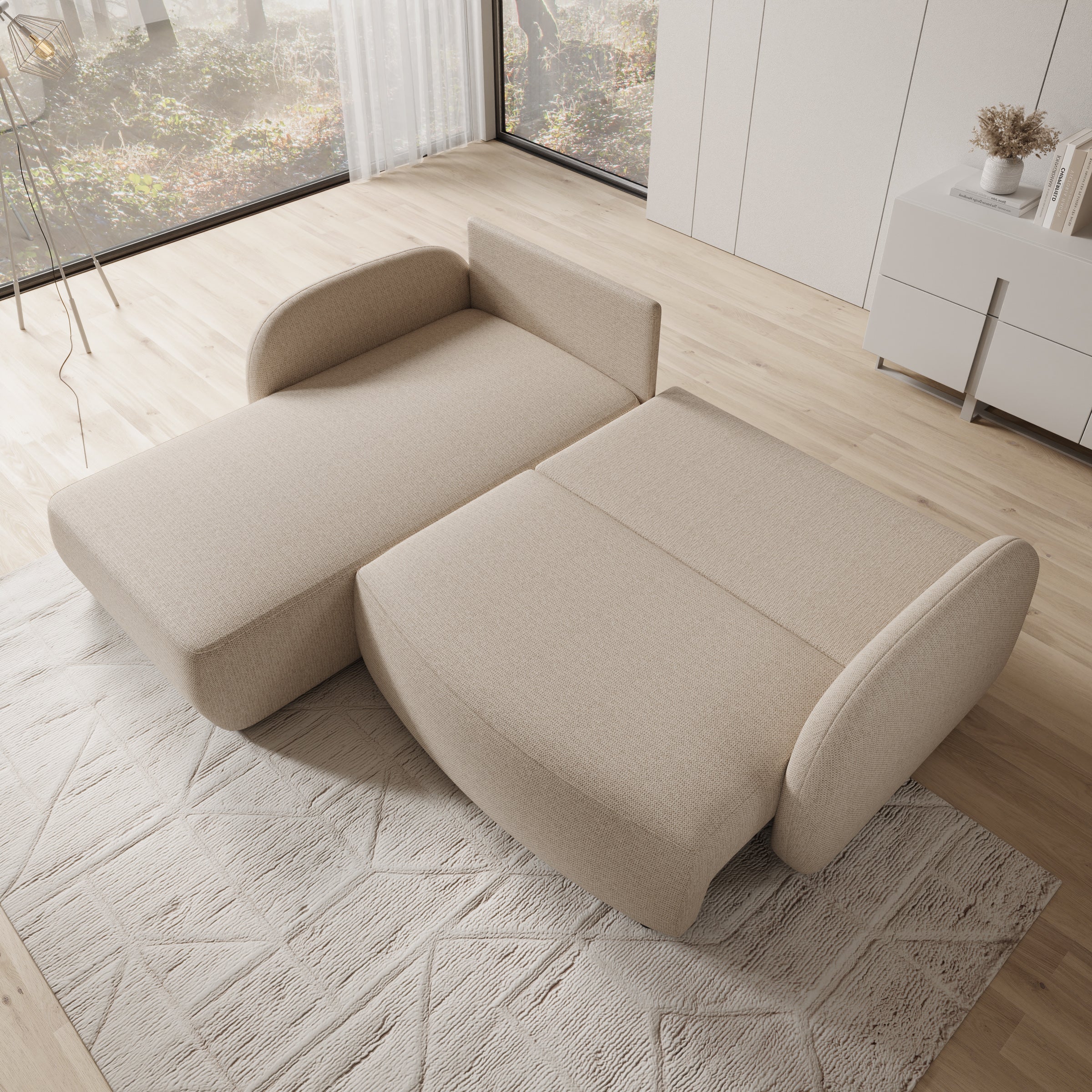 Ometa - Hoekbank 3-zits met chaise longue - Stof beige