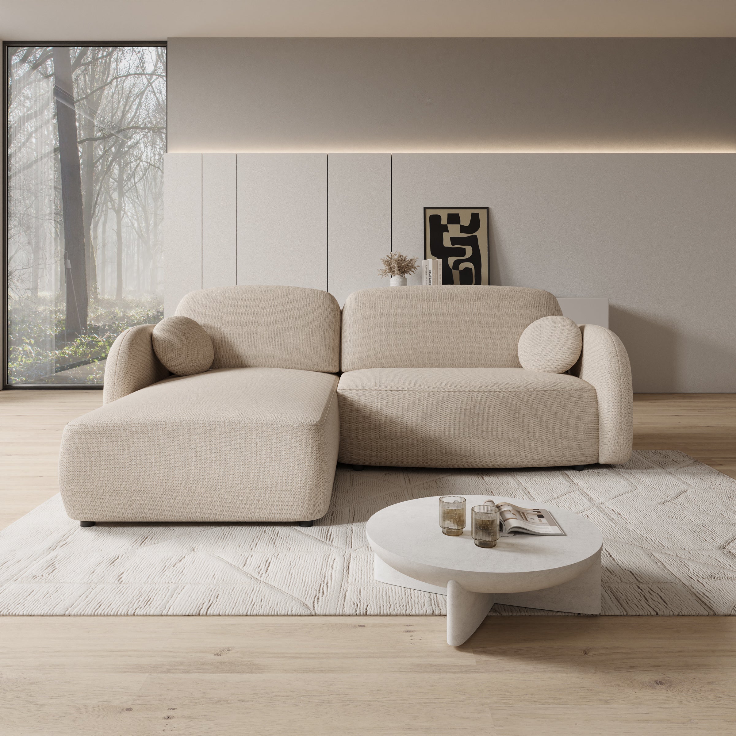 Ometa - Hoekbank 3-zits met chaise longue - Stof beige