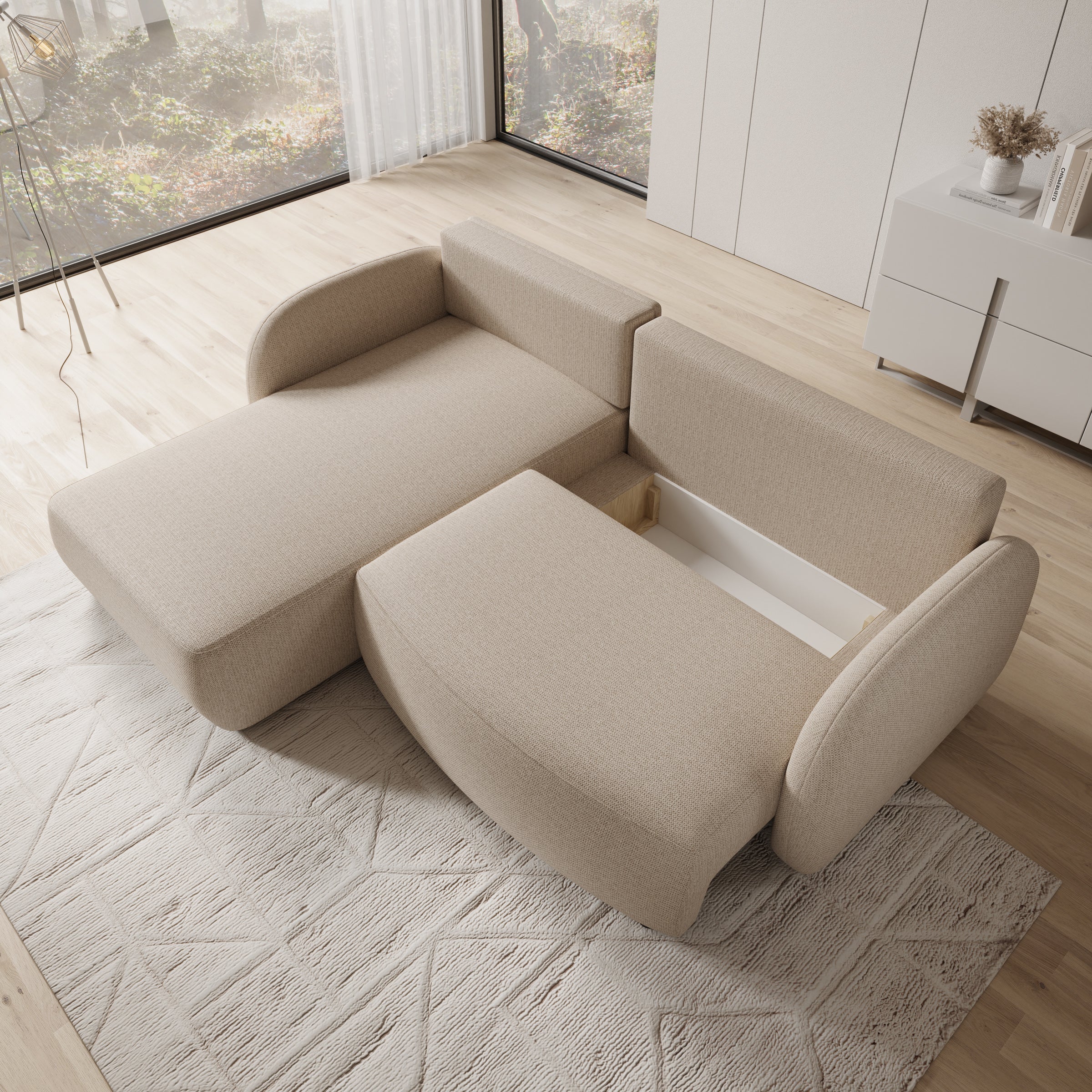 Ometa - Hoekbank 3-zits met chaise longue - Stof beige