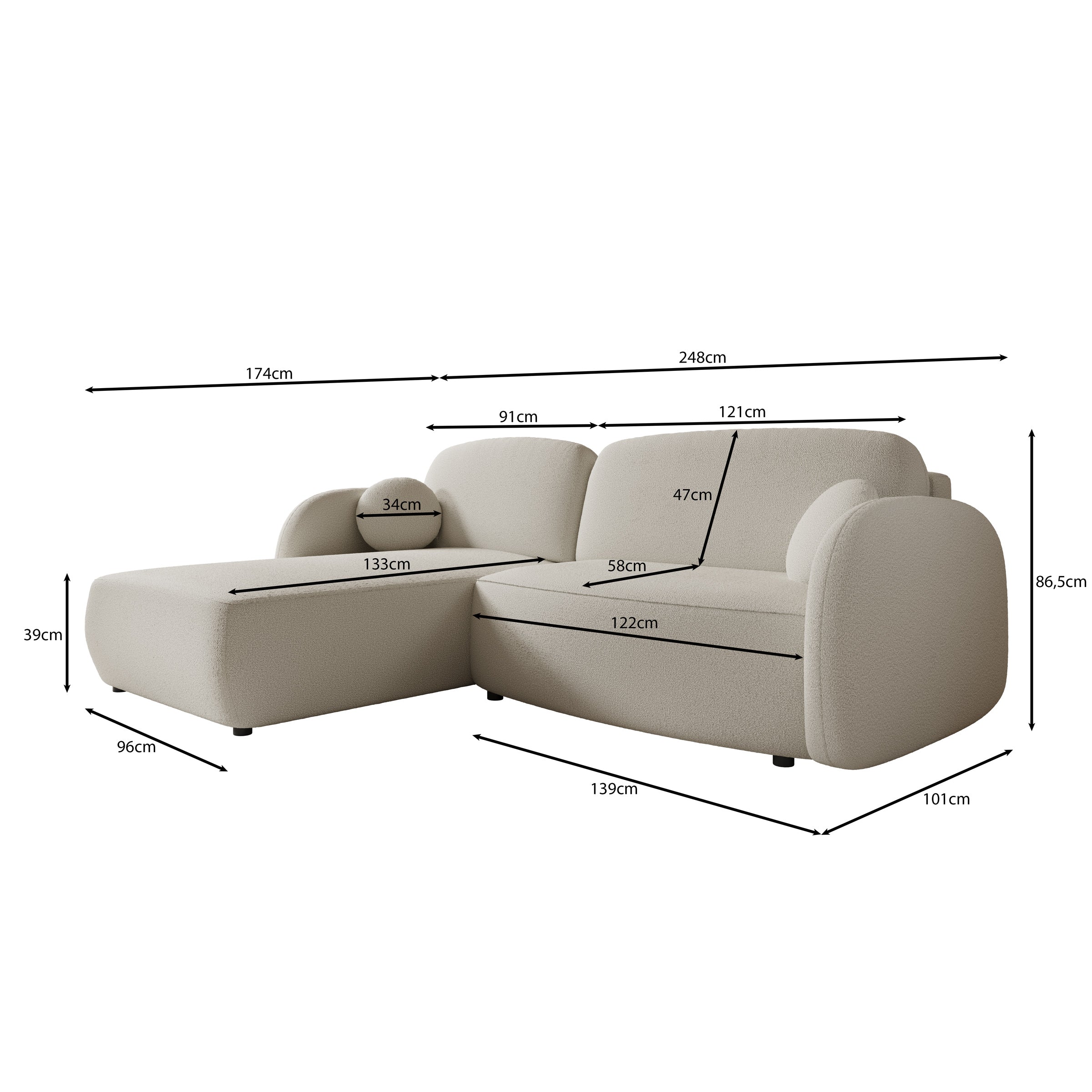 Ometa - Hoekbank 3-zits met chaise longue - Teddystof beige