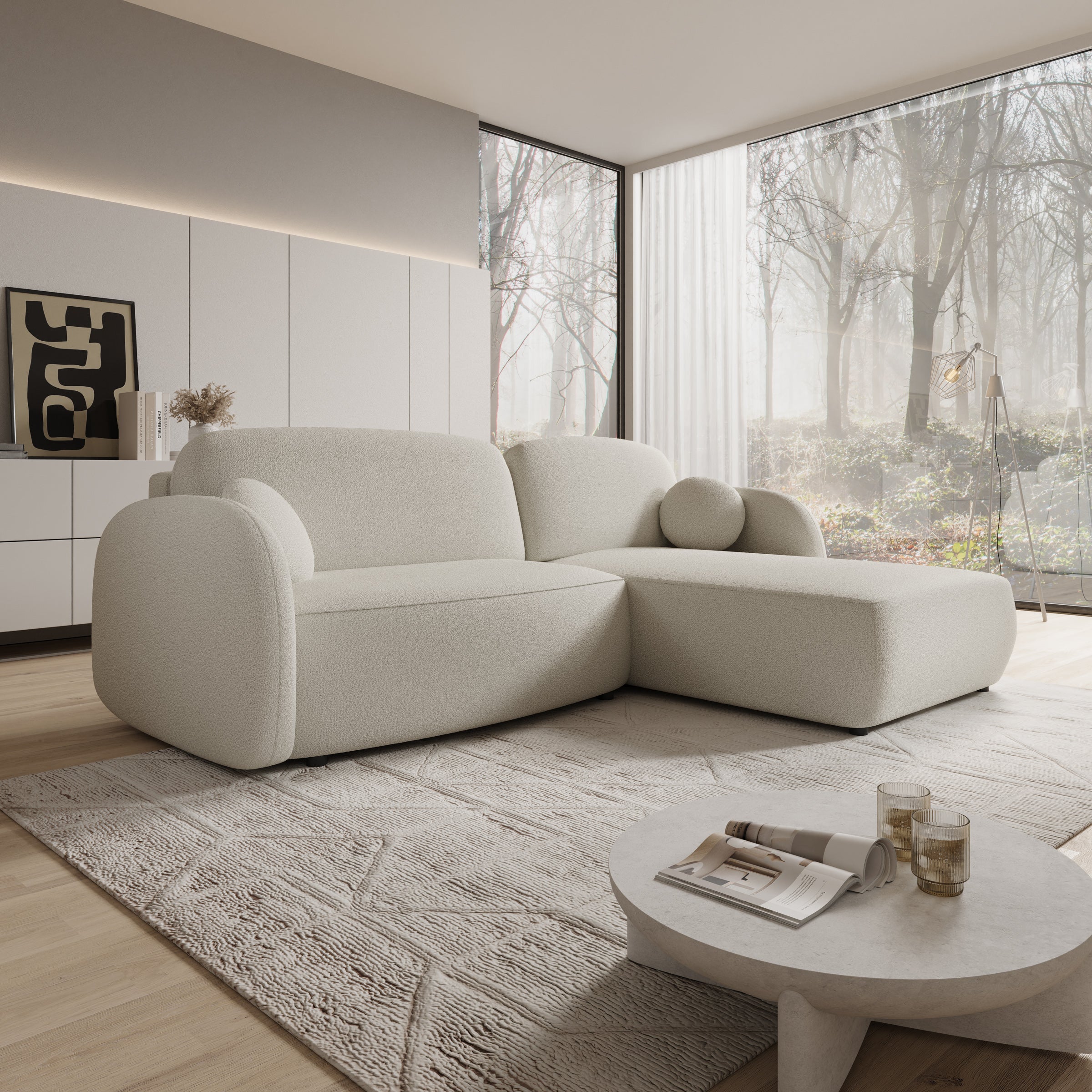 Ometa - Hoekbank 3-zits met chaise longue - Teddystof wit