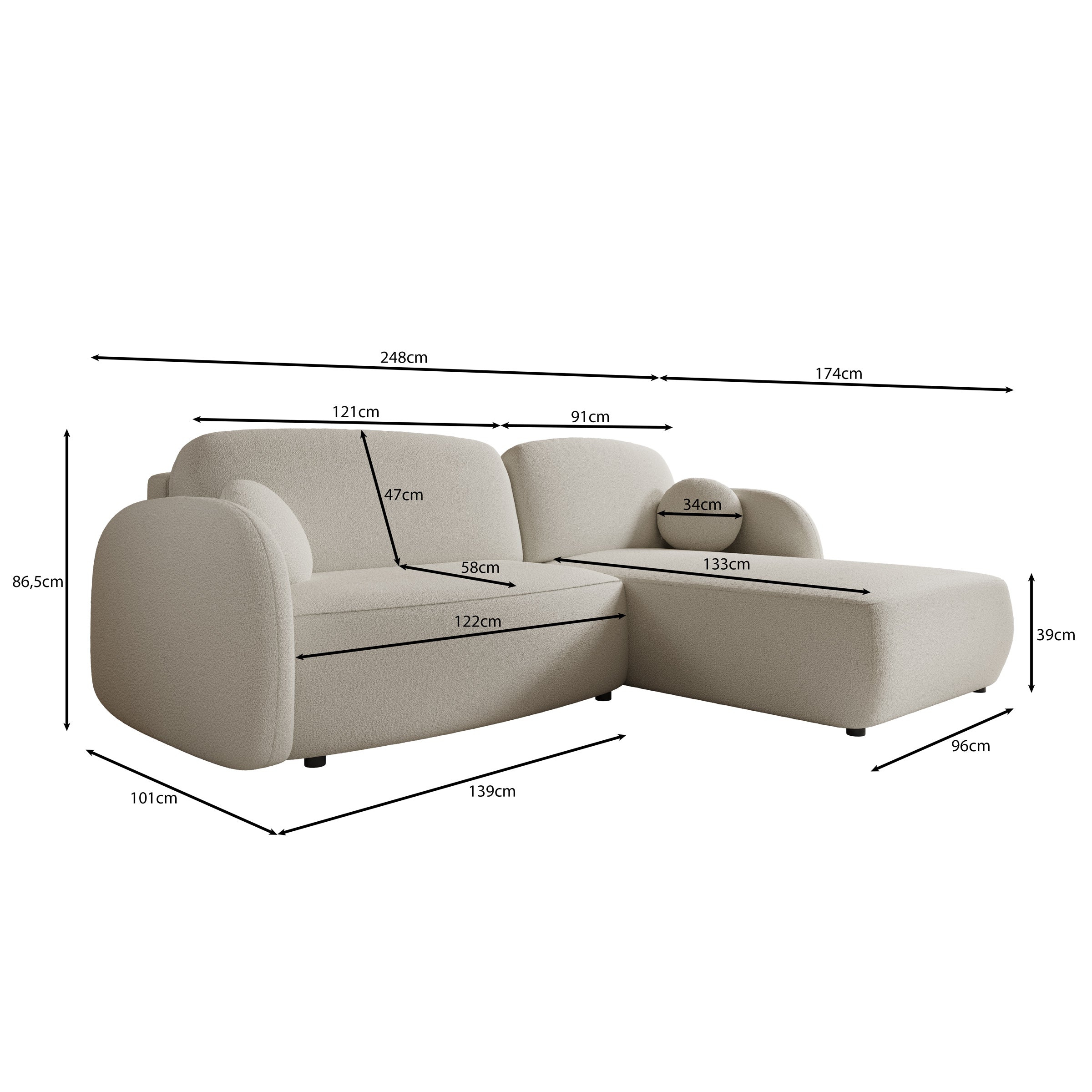 Ometa - Hoekbank 3-zits met chaise longue - Teddystof wit