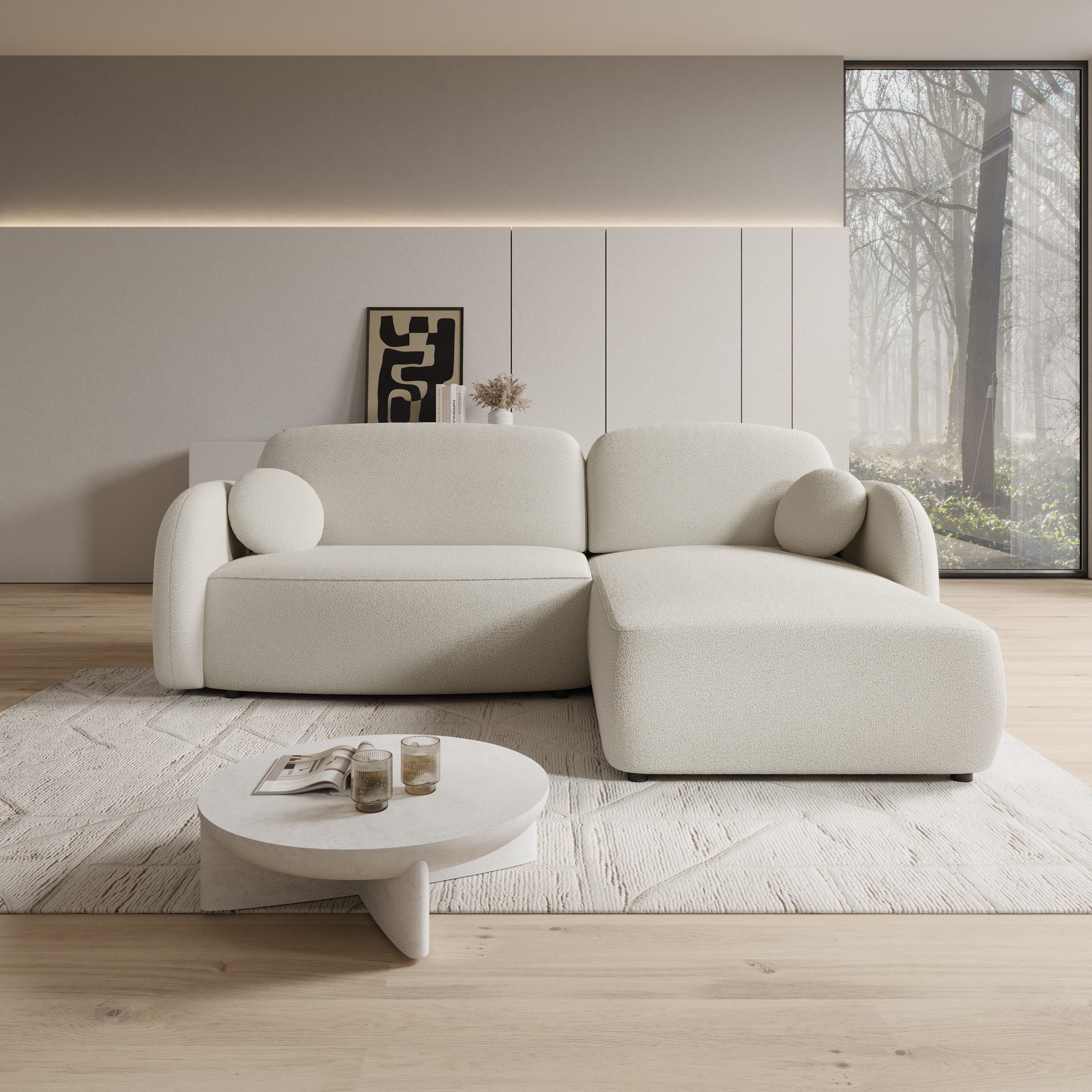 Ometa - Hoekbank 3-zits met chaise longue - Teddystof wit