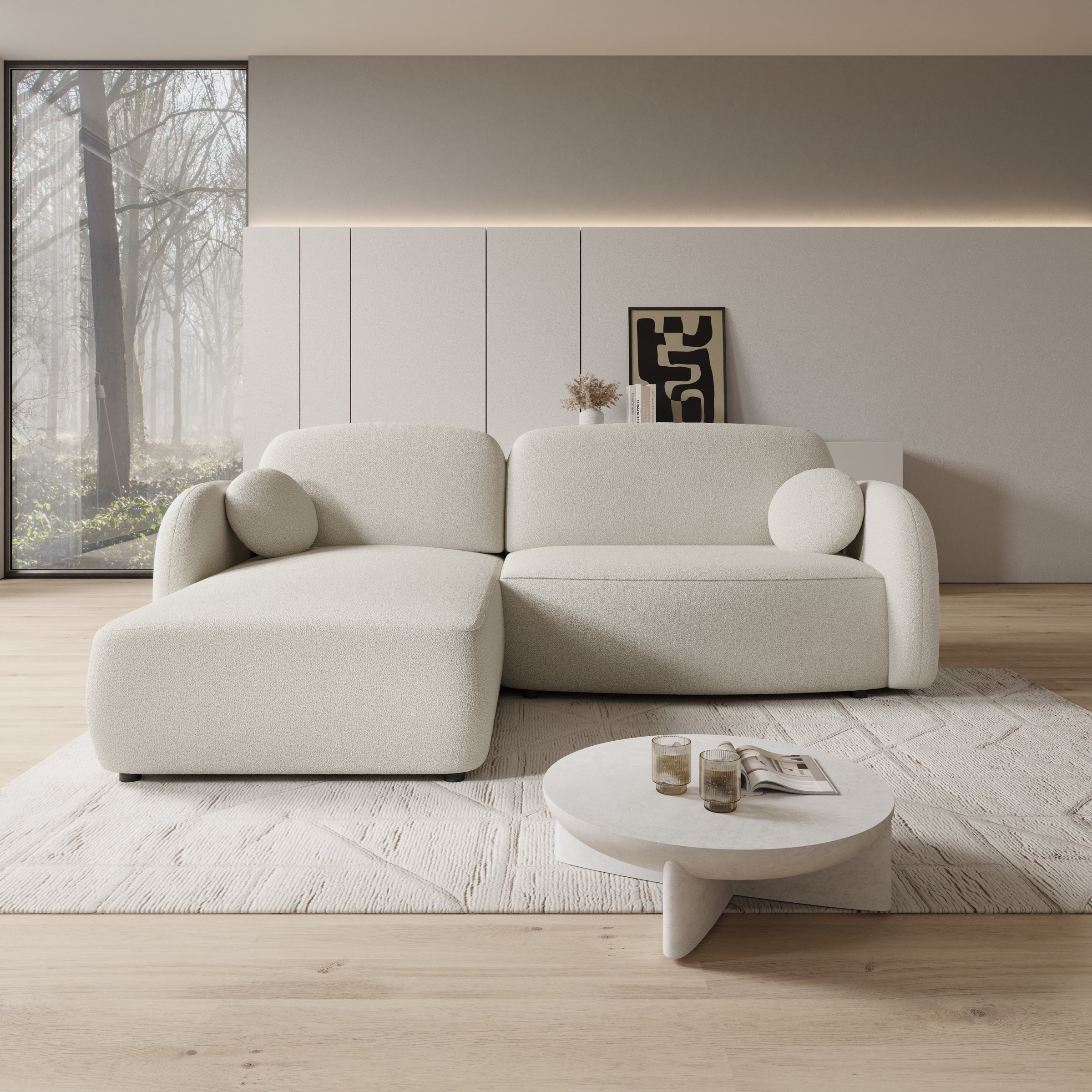 Ometa - Hoekbank 3-zits met chaise longue - Teddystof wit