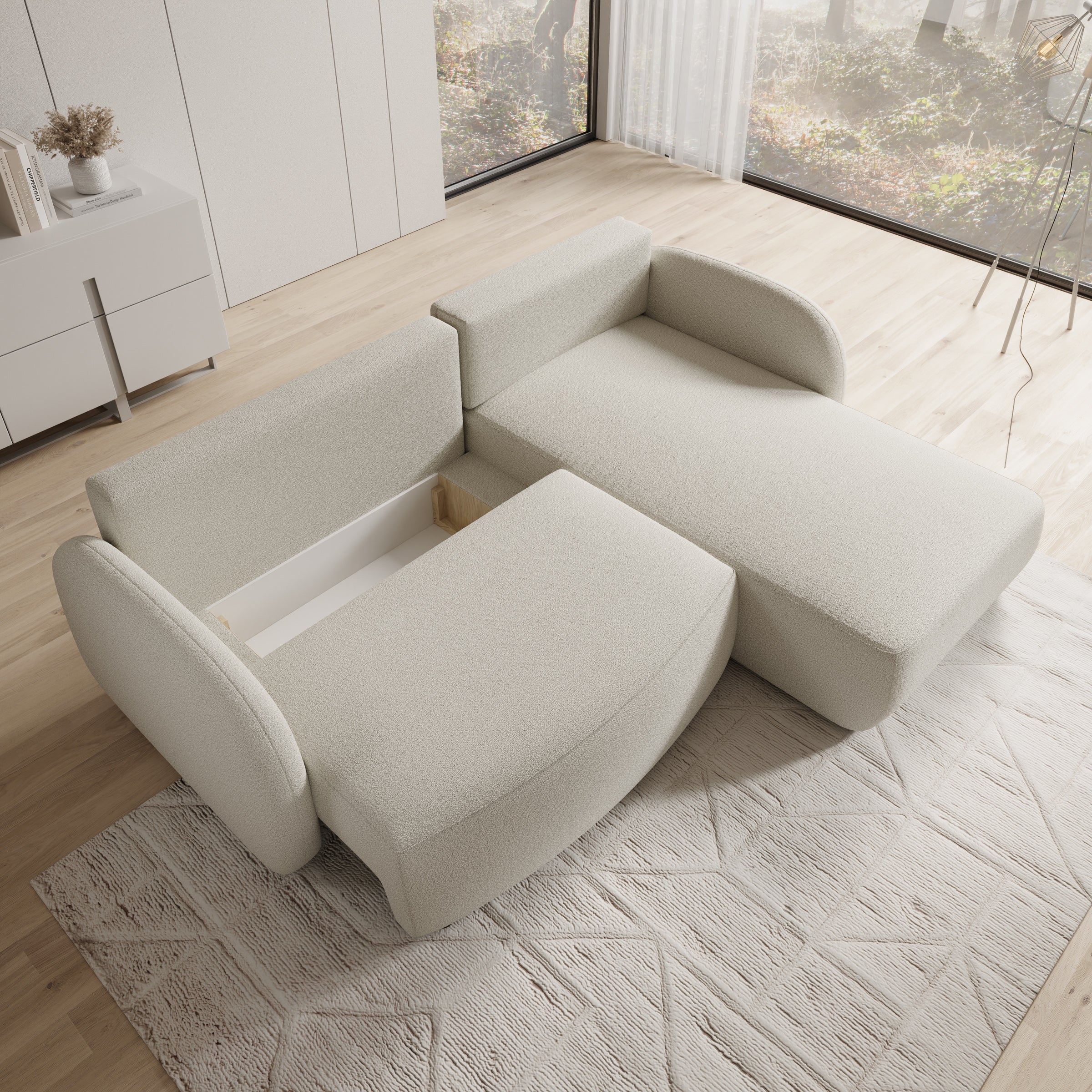 Ometa - Hoekbank 3-zits met chaise longue - Teddystof wit