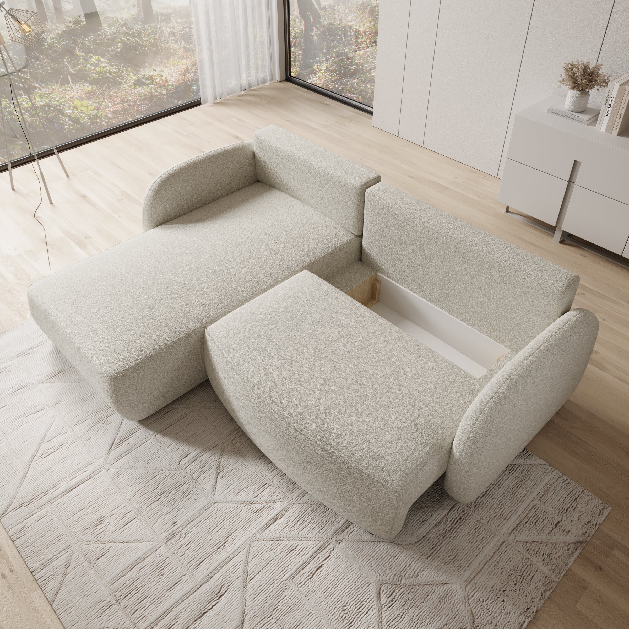 Ometa - Hoekbank 3-zits met chaise longue - Teddystof wit