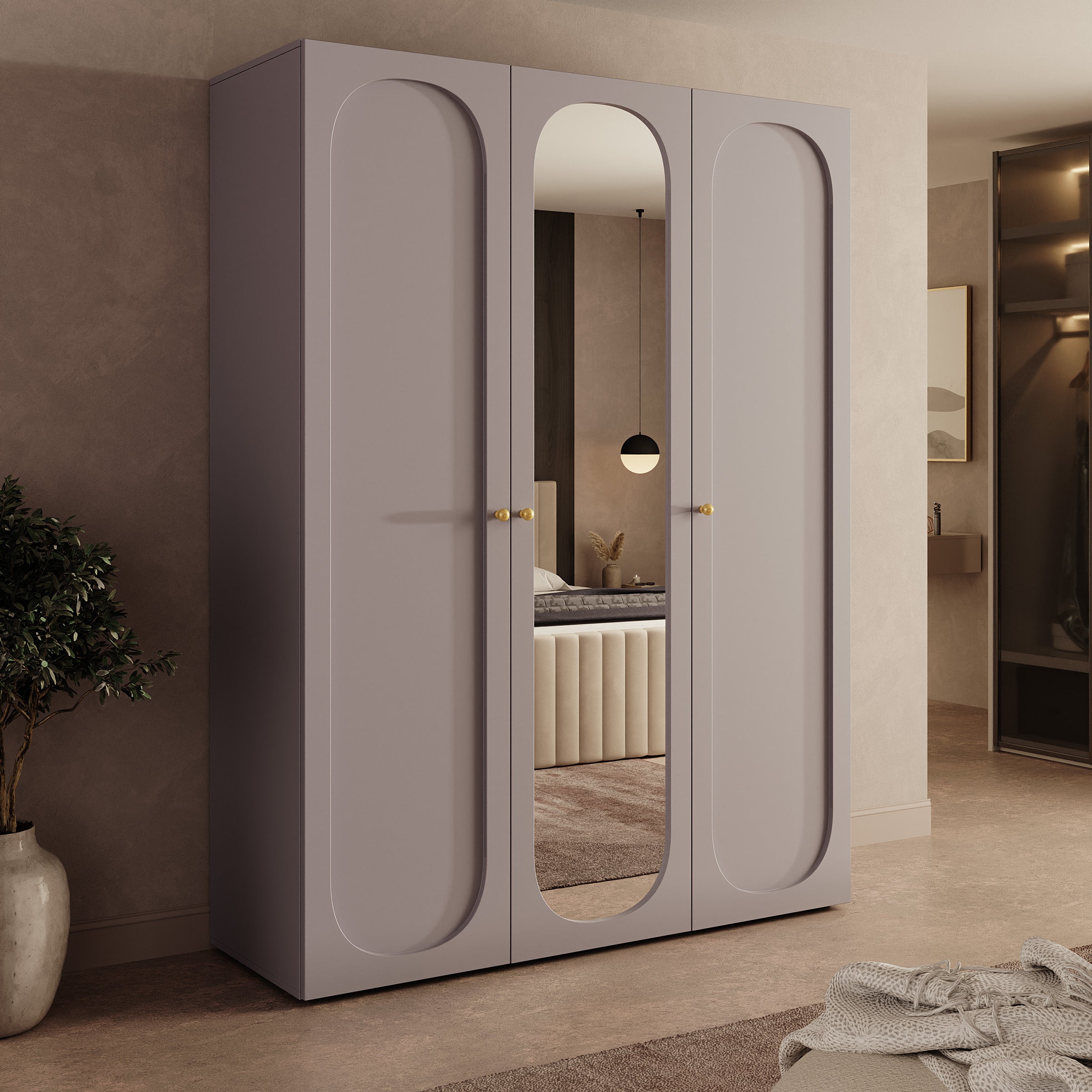 Onima - Kledingkast 3-deurs met spiegel - Beige - 150x50x202