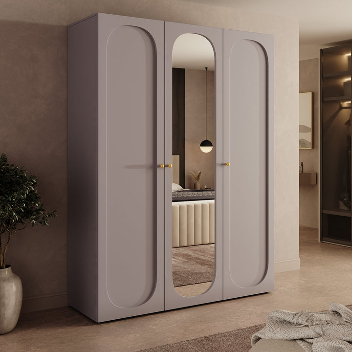 Onima - Kledingkast 3-deurs met spiegel - Beige - 150x50x202