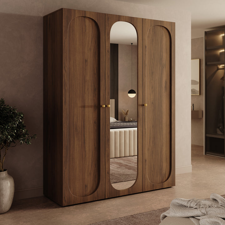 Onima - Kledingkast 3-deurs met spiegel - Walnootpatroon - 150x50x202 cm