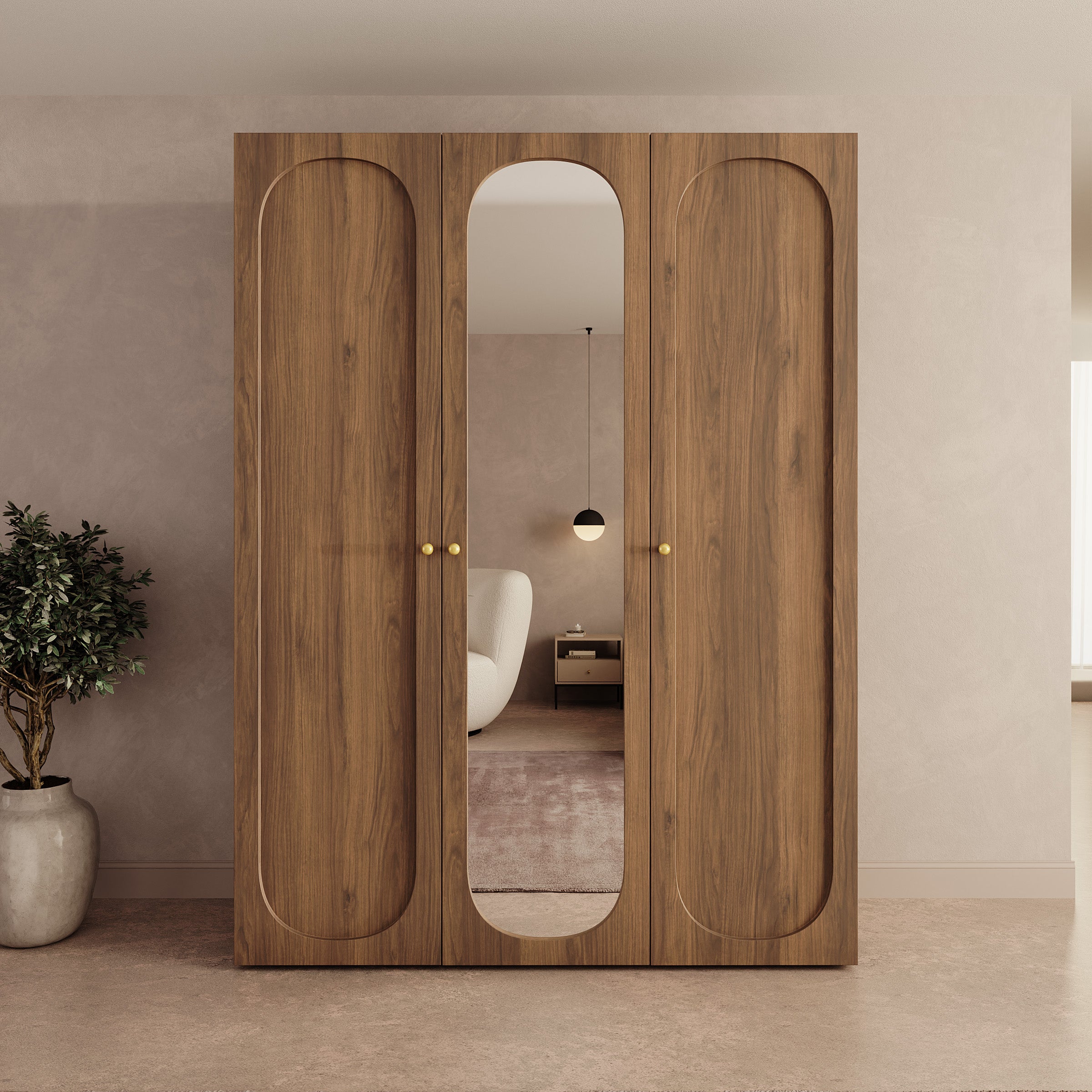 Onima - Kledingkast 3-deurs met spiegel - Walnootpatroon - 150x50x202 cm