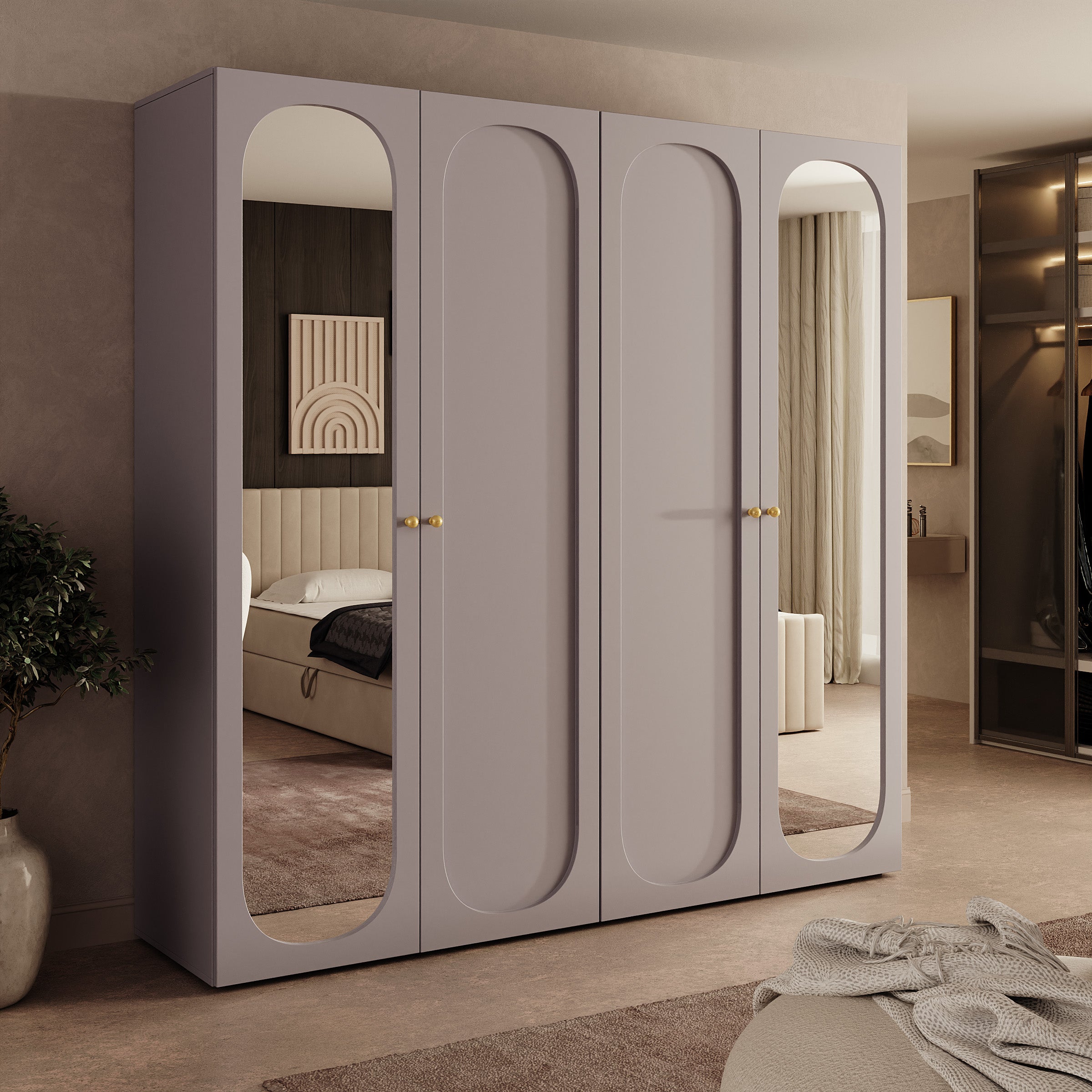Onima - Kledingkast 4-deurs met spiegel - Beige - 200x50x202 cm