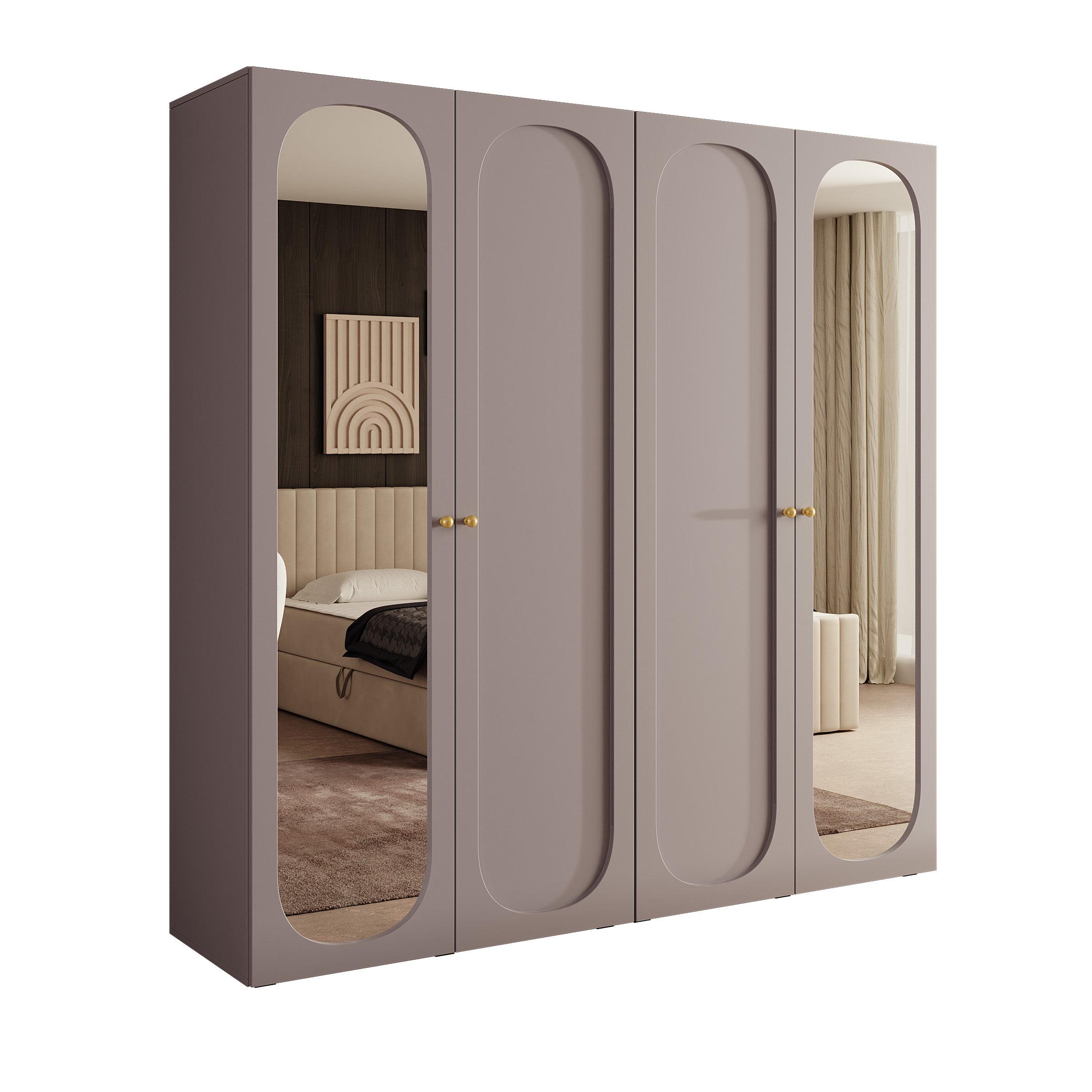 Onima - Kledingkast 4-deurs met spiegel - Beige - 200x50x202 cm
