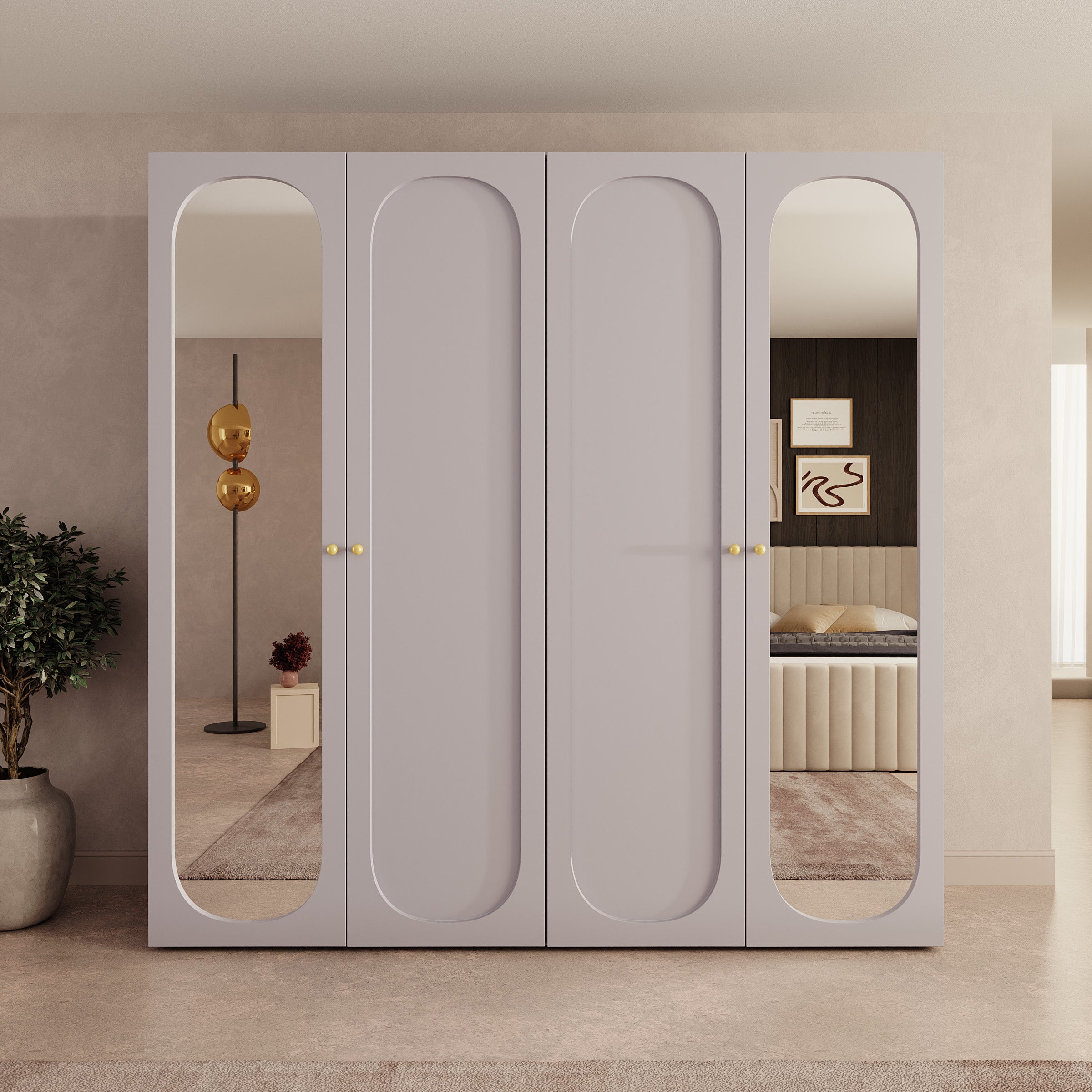 Onima - Kledingkast 4-deurs met spiegel - Beige - 200x50x202 cm