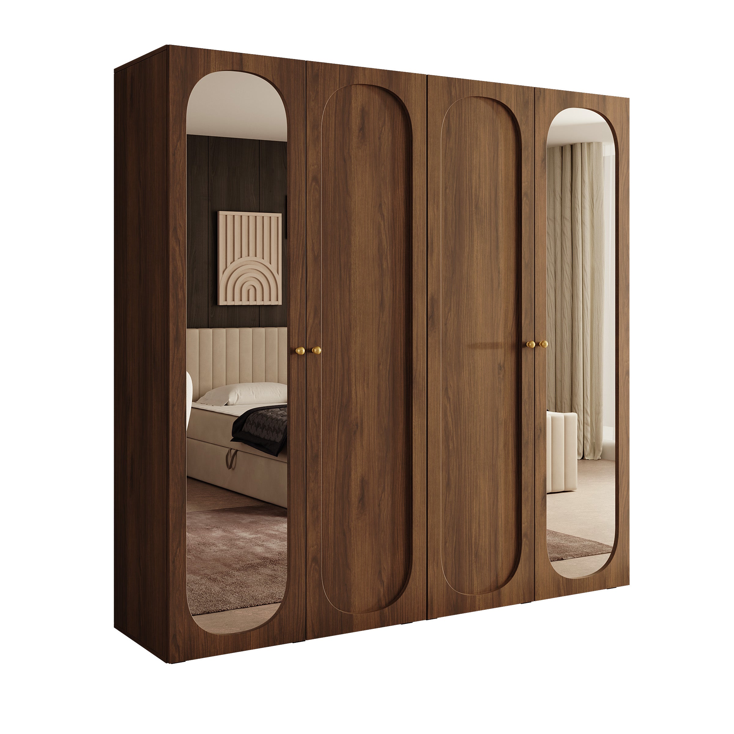 Onima - Kledingkast 4-deurs met spiegel - Walnootpatroon - 200x50x202 cm