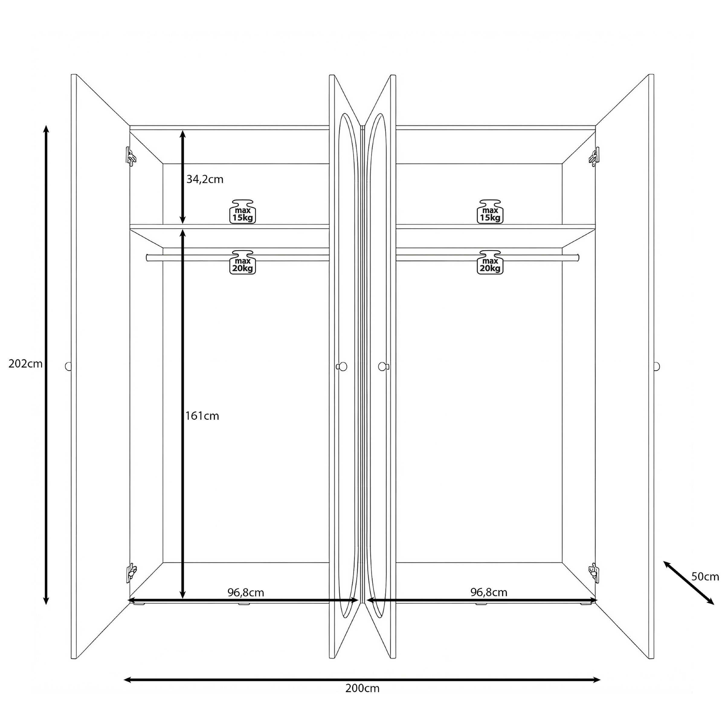 Onima - Kledingkast 4-deurs met spiegel - Walnootpatroon - 200x50x202 cm