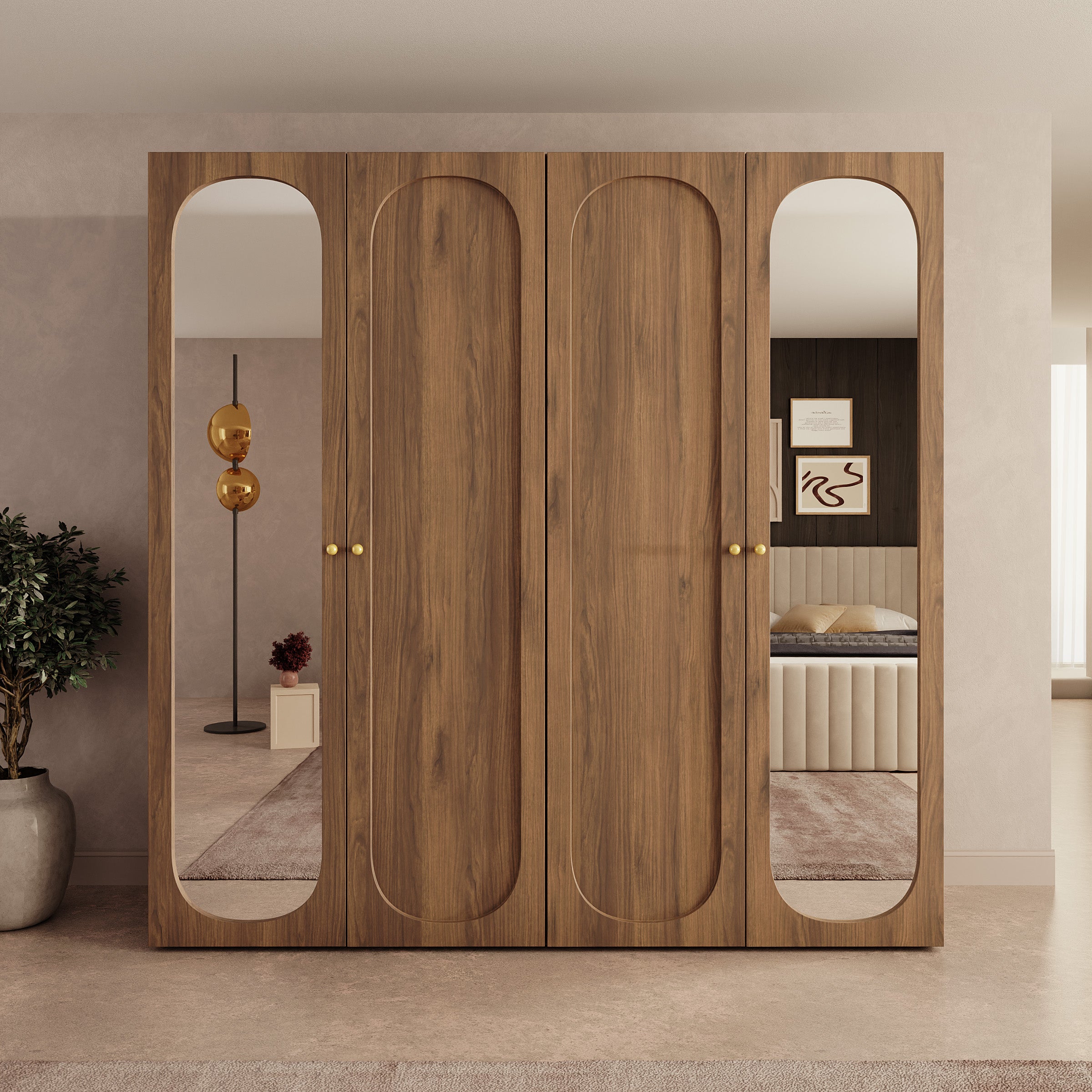 Onima - Kledingkast 4-deurs met spiegel - Walnootpatroon - 200x50x202 cm