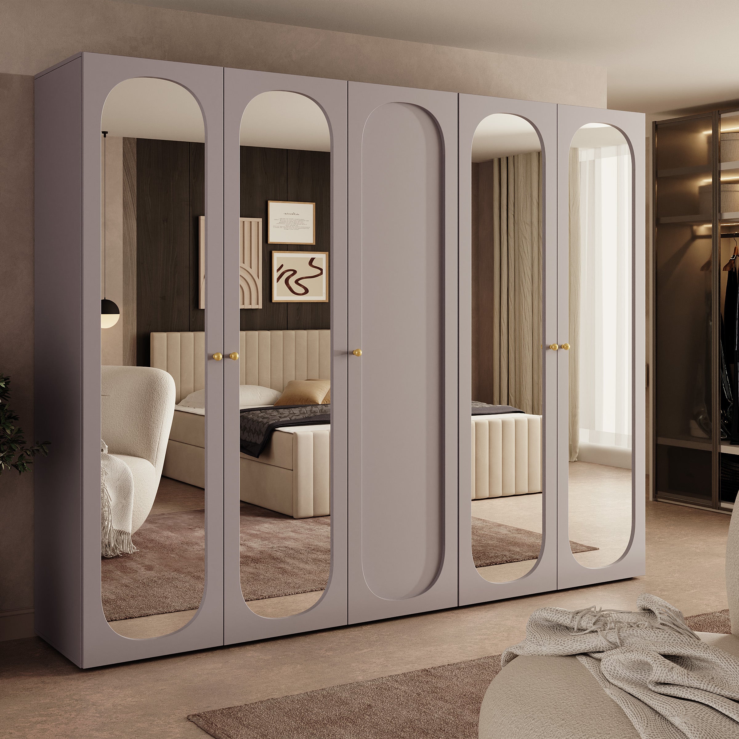Onima - Kledingkast 5-deurs met spiegel - Beige - 250x50x202 cm