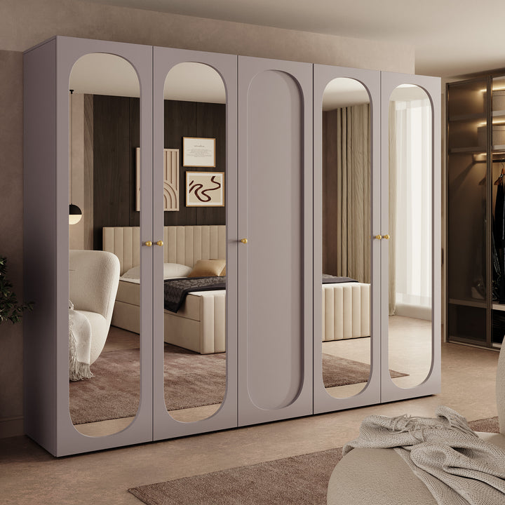 Onima - Kledingkast 5-deurs met spiegel - Beige - 250x50x202 cm