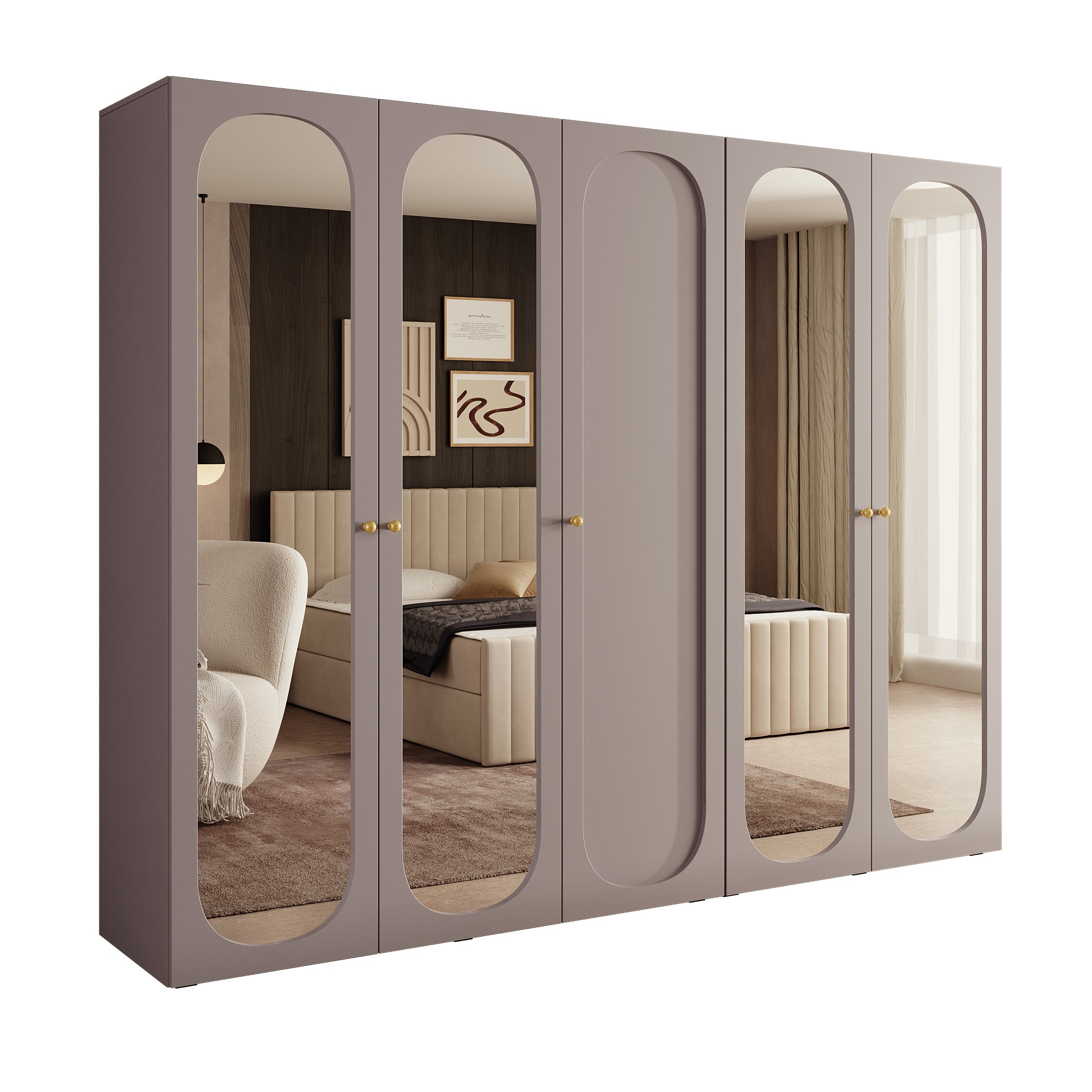 Onima - Kledingkast 5-deurs met spiegel - Beige - 250x50x202 cm