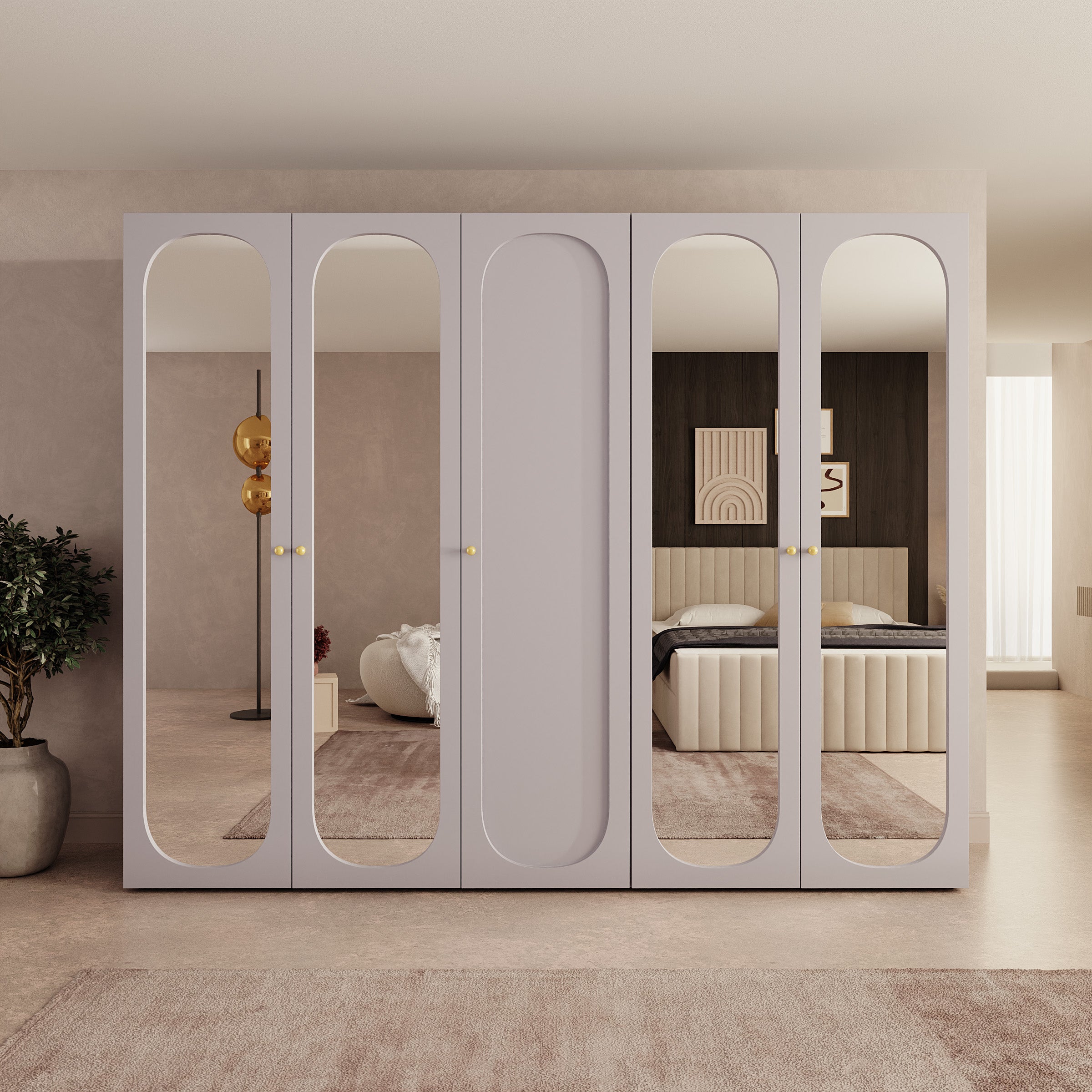 Onima - Kledingkast 5-deurs met spiegel - Beige - 250x50x202 cm