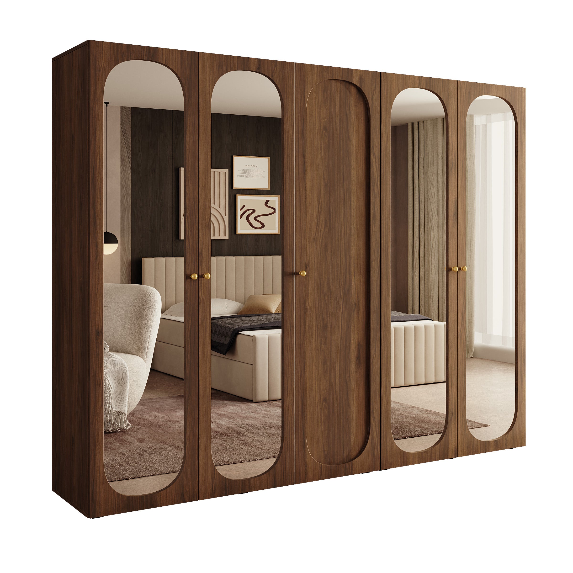 Onima - Kledingkast 5-deurs met spiegel - Walnootpatroon - 250x50x202 cm