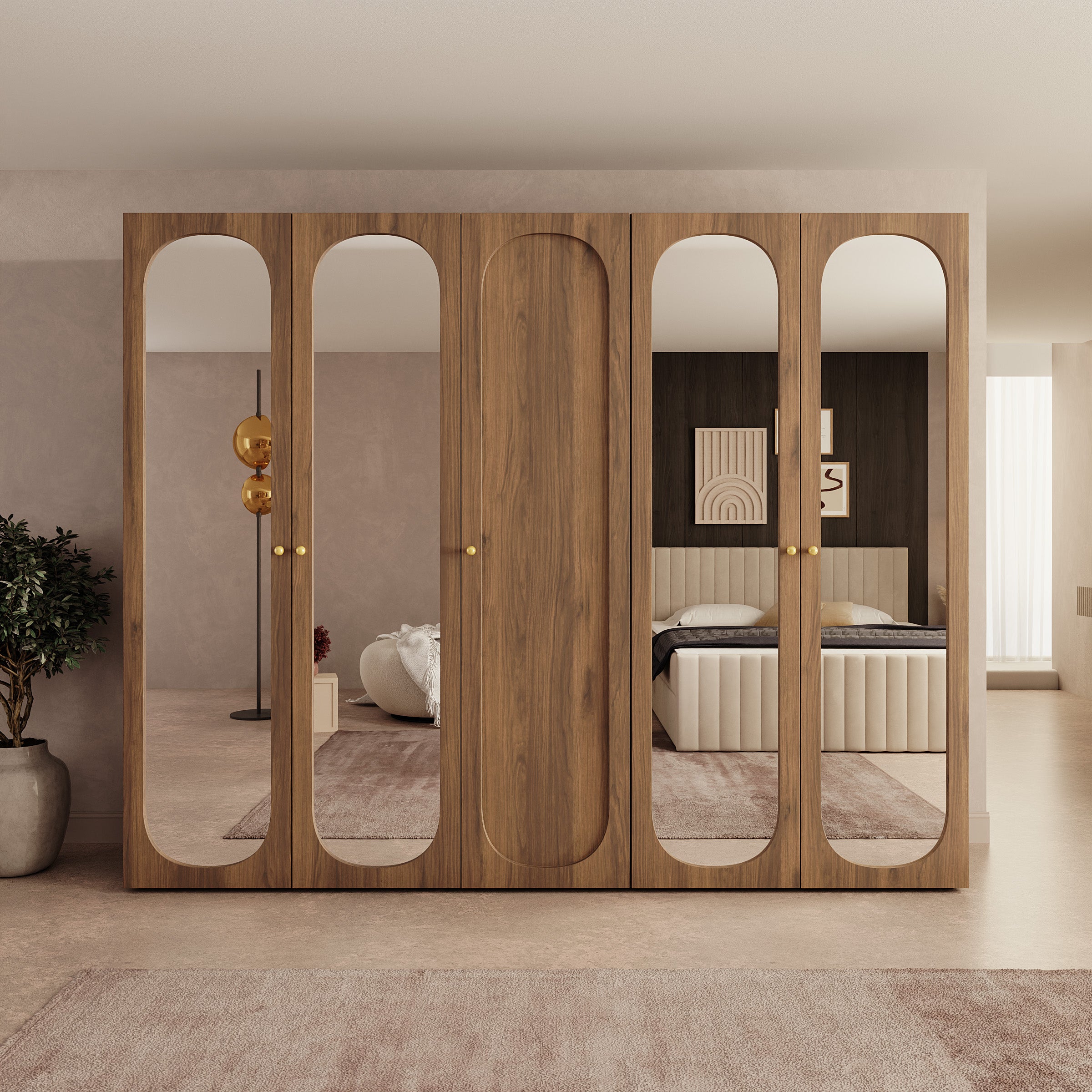Onima - Kledingkast 5-deurs met spiegel - Walnootpatroon - 250x50x202 cm