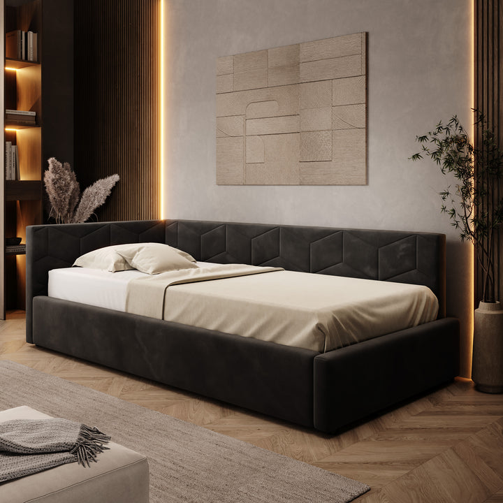 Overo - Eenpersoonsbed met opbergruimte - Velvet zwart - 90x200 cm