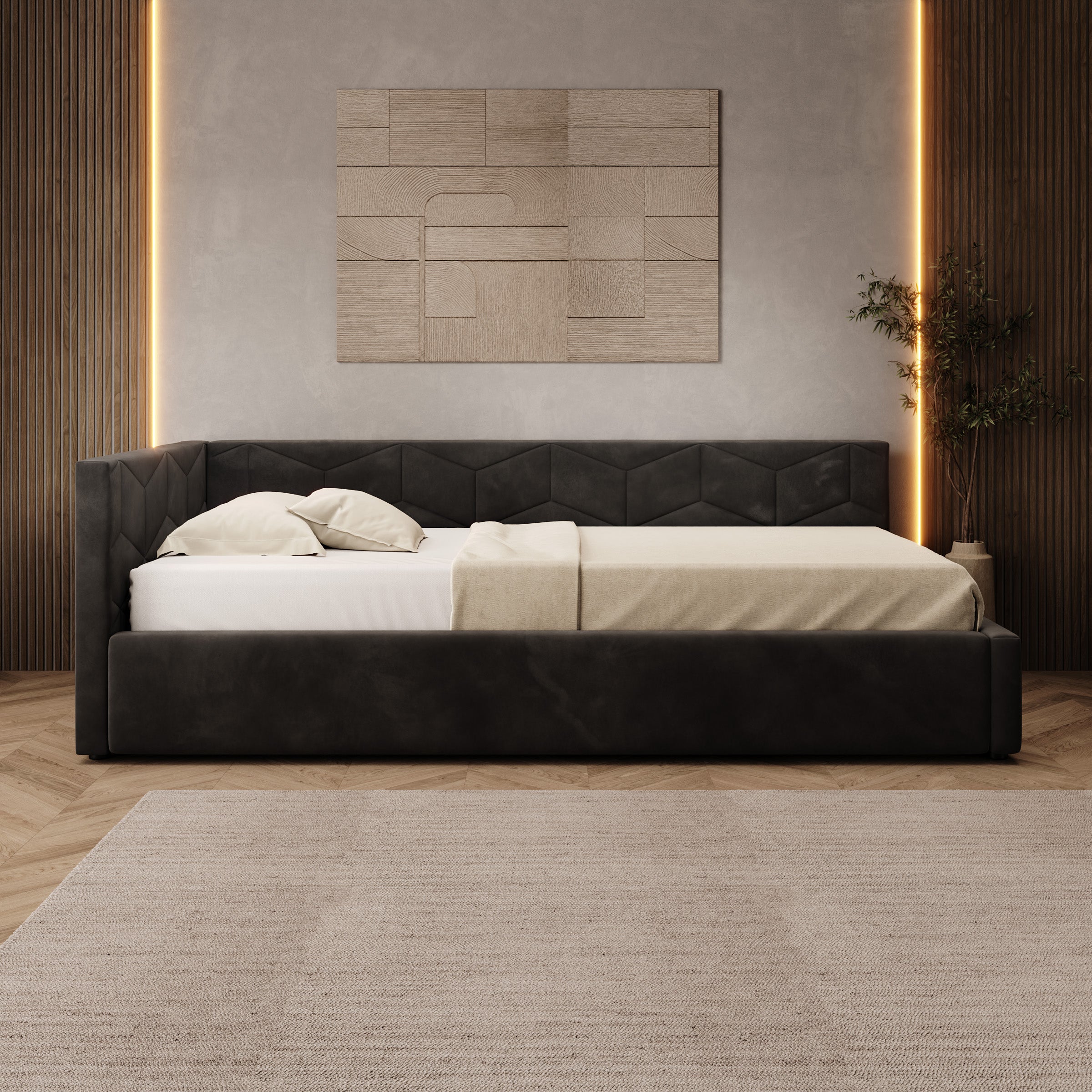 Overo - Eenpersoonsbed met opbergruimte - Velvet zwart - 90x200 cm
