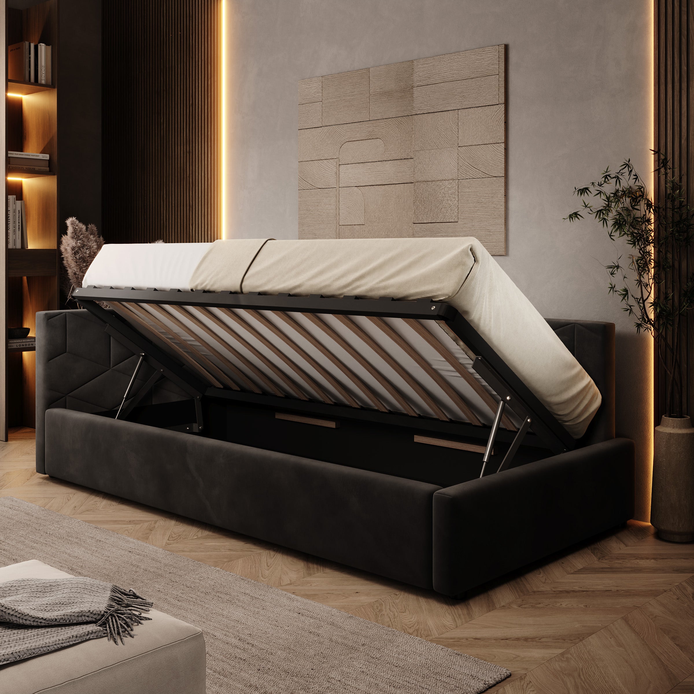 Overo - Eenpersoonsbed met opbergruimte - Velvet zwart - 90x200 cm