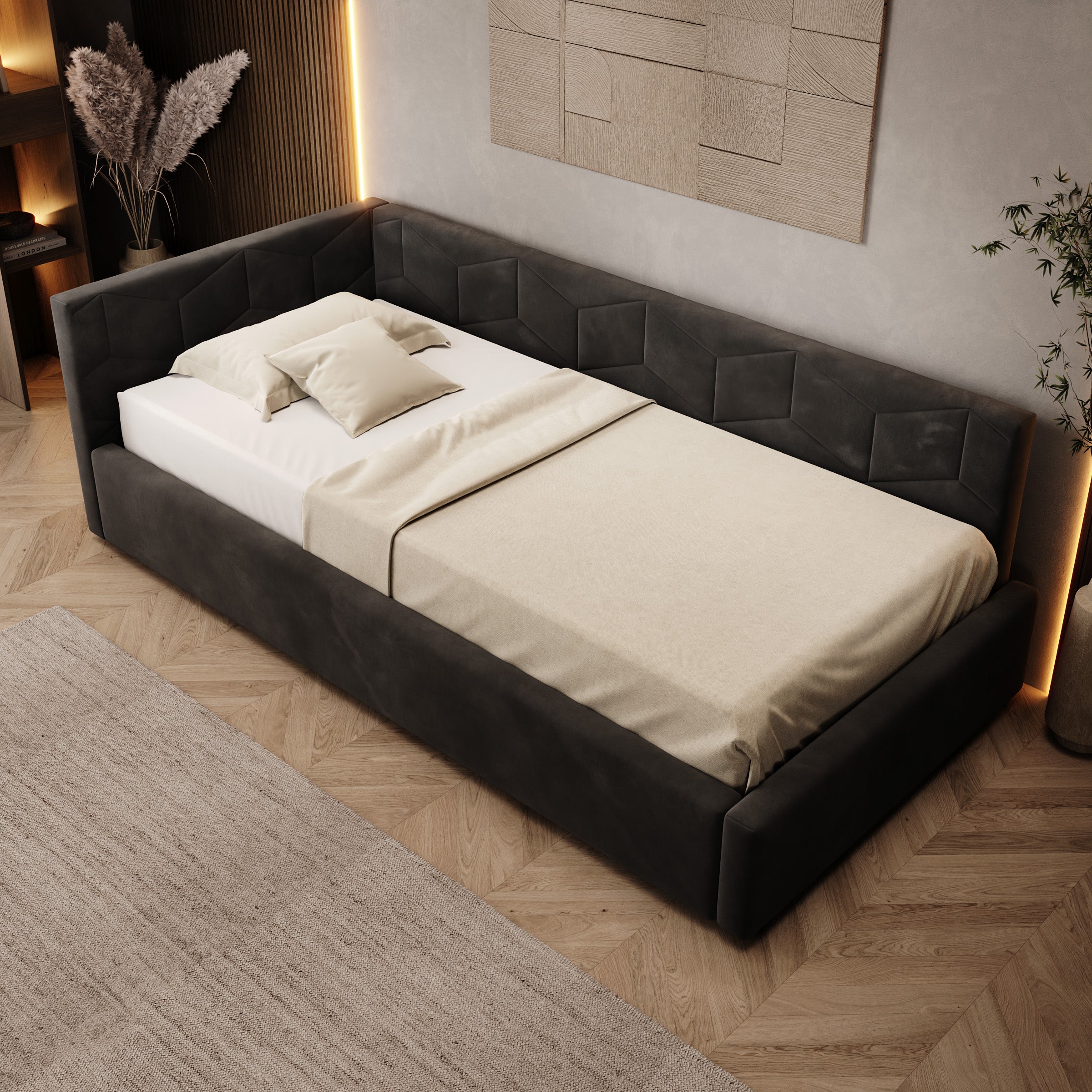 Overo - Eenpersoonsbed met opbergruimte - Velvet zwart - 90x200 cm