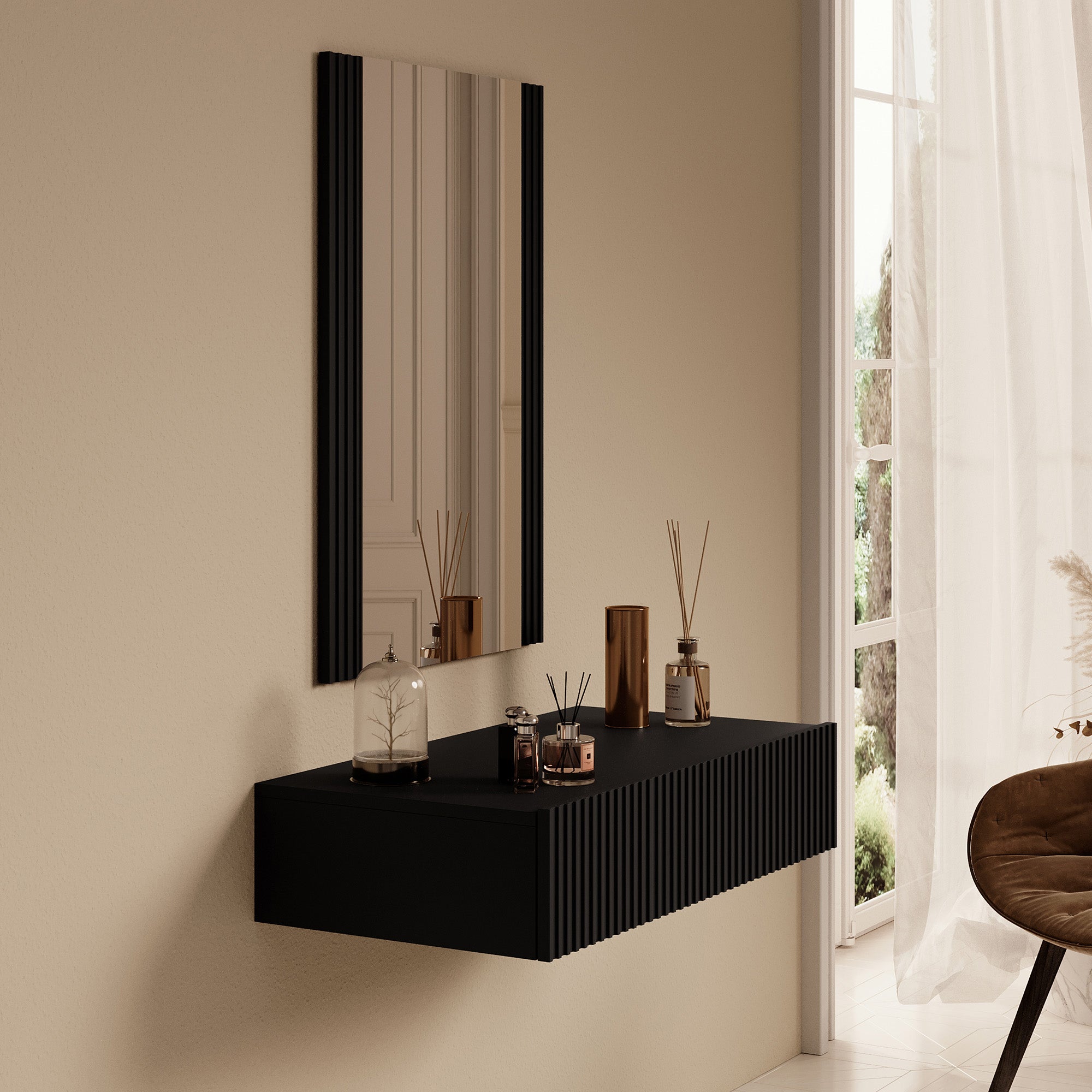 Palamos  - Kaptafel - Mat zwart - 80x42 cm - Met spiegel