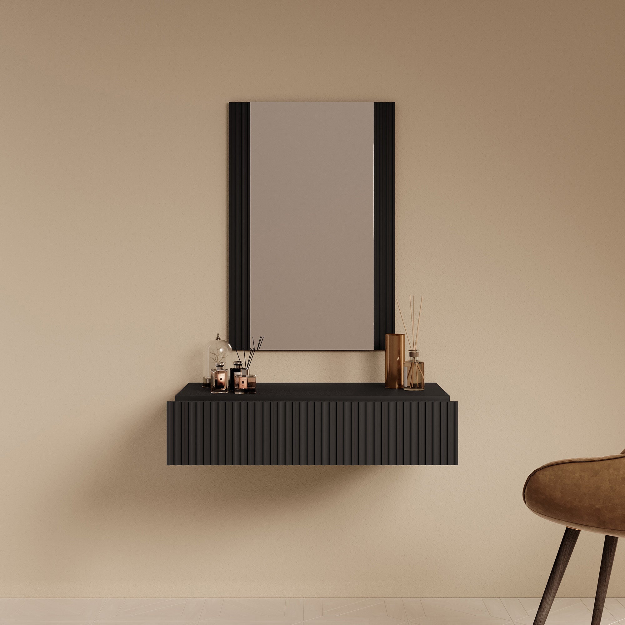 Palamos  - Kaptafel - Mat zwart - 80x42 cm - Met spiegel