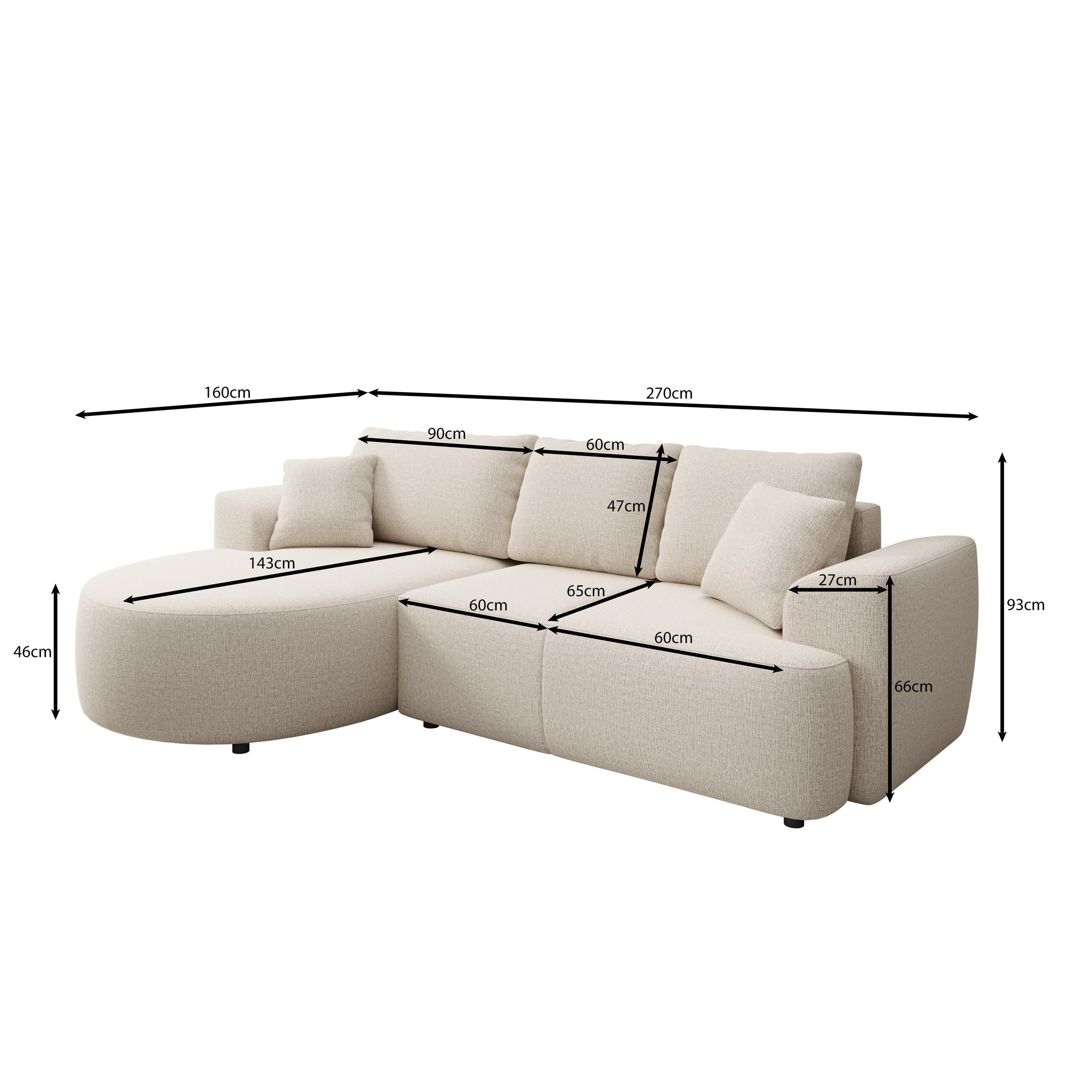 Palladio - Hoekbank 3-zits met chaise longue - Stof beige - Links
