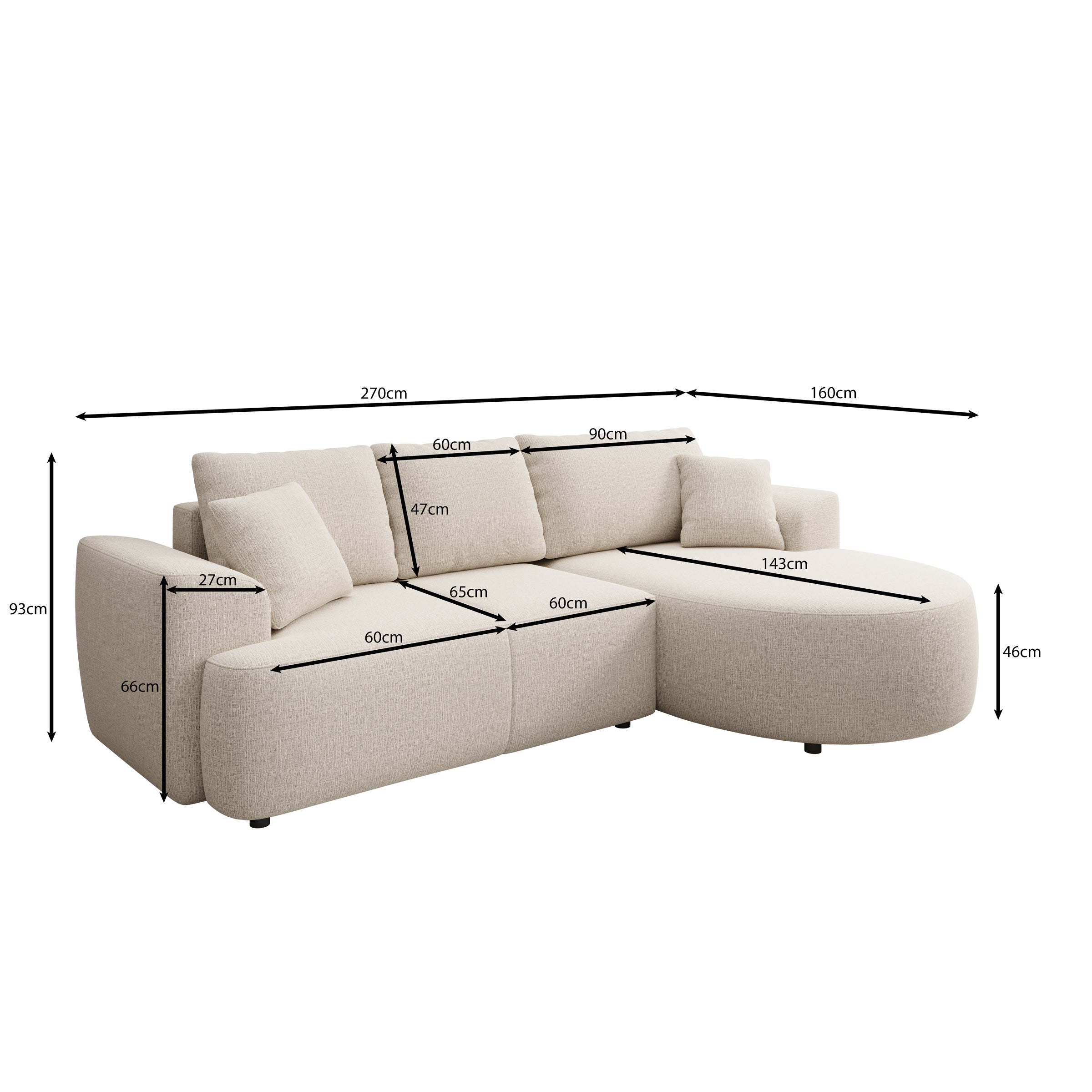 Palladio - Hoekbank 3-zits met chaise longue - Stof beige - Rechts