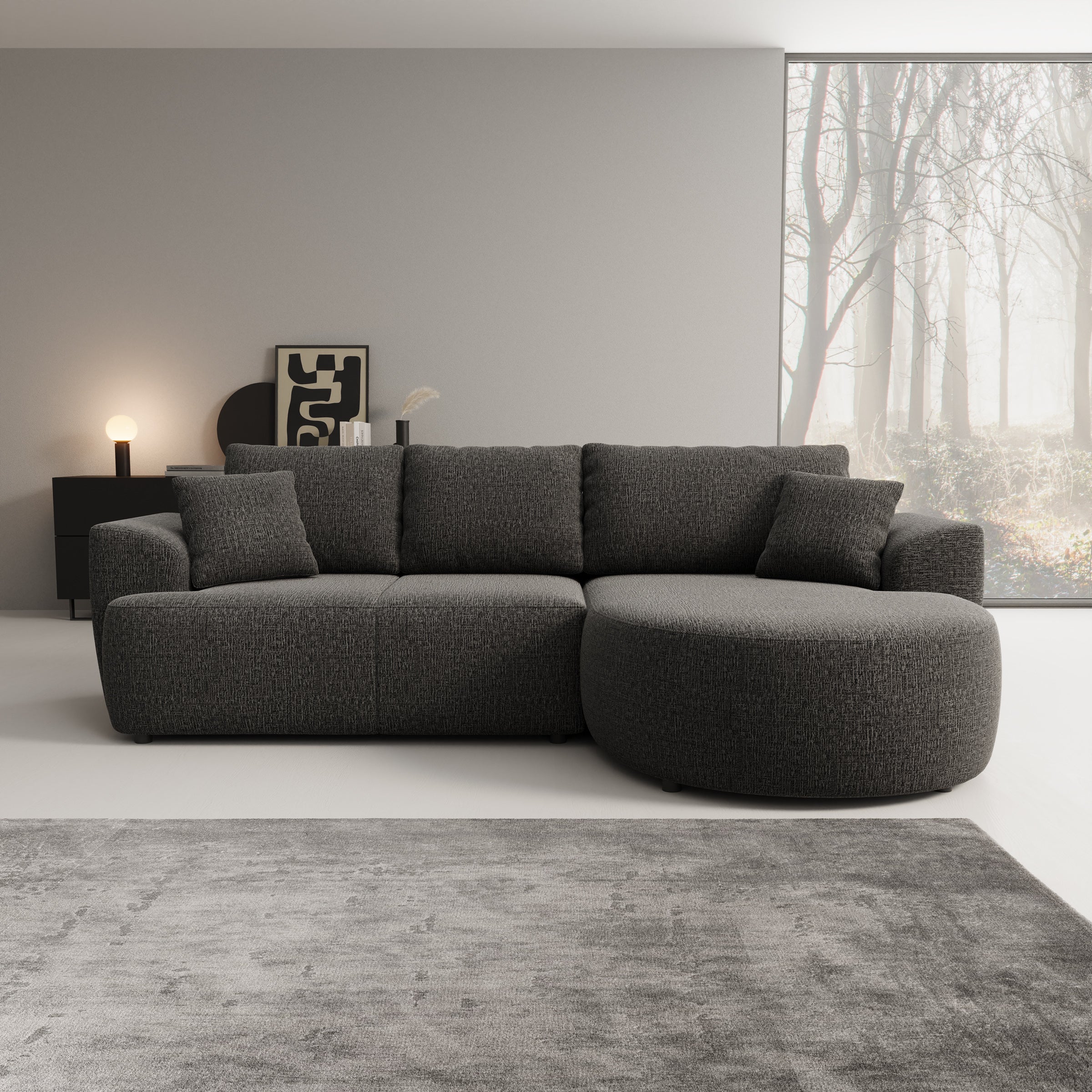 Palladio - Hoekbank 3-zits met chaise longue - Stof zwart - Rechts