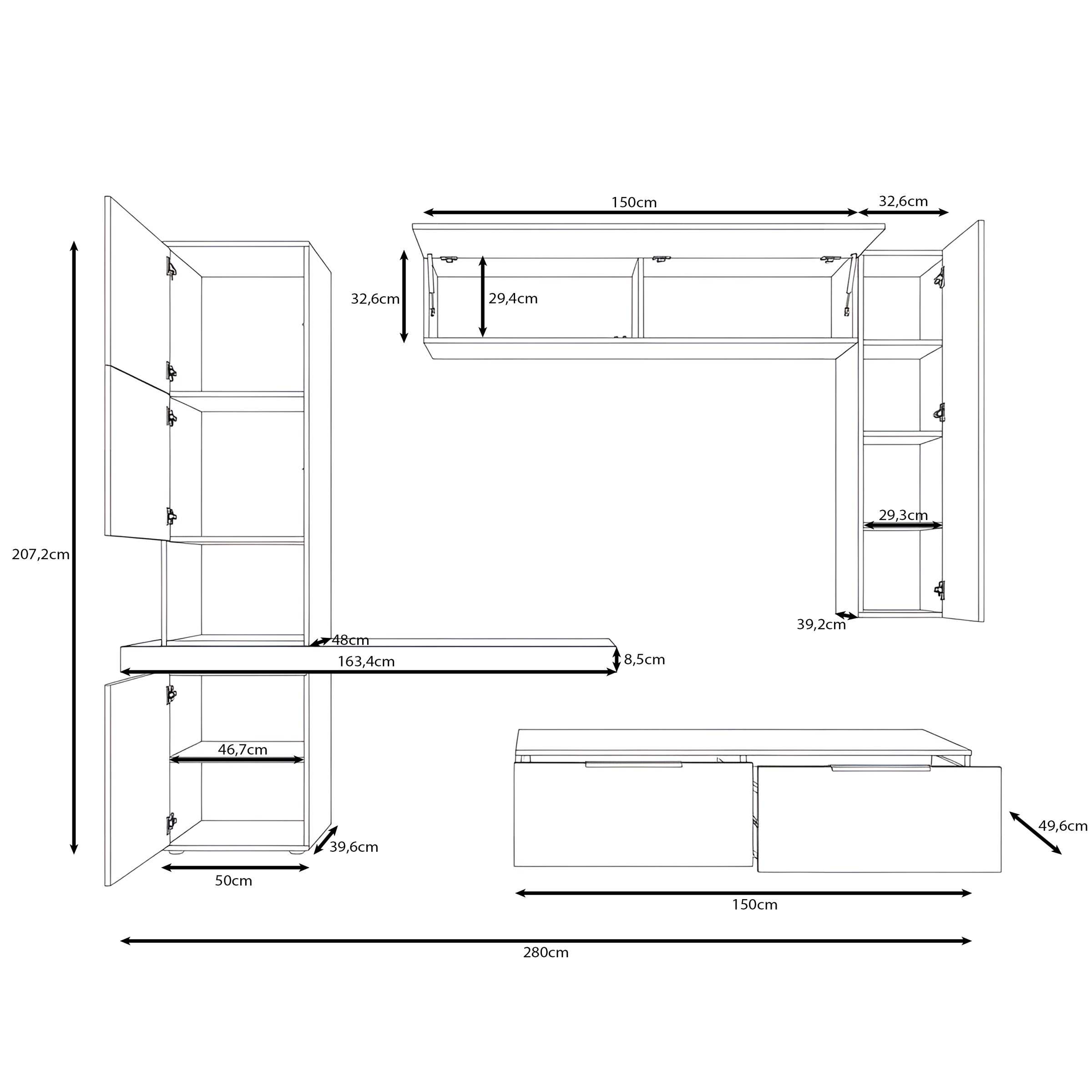 Pariba - Wandmeubel - Beige/Eikenpatroon - 280x50x207 cm