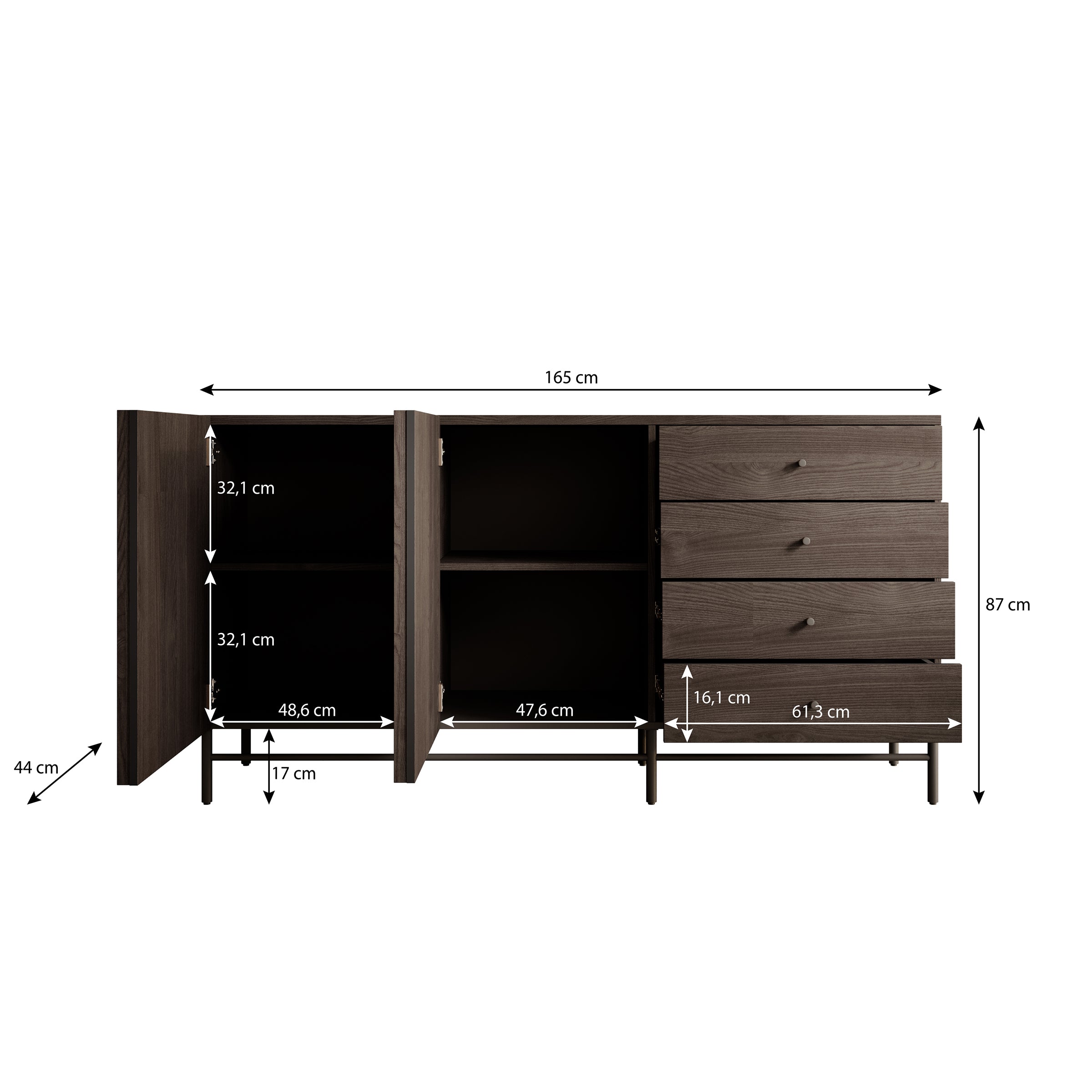 Paz - Dressoir - Donker eiken - 165x44x87 cm