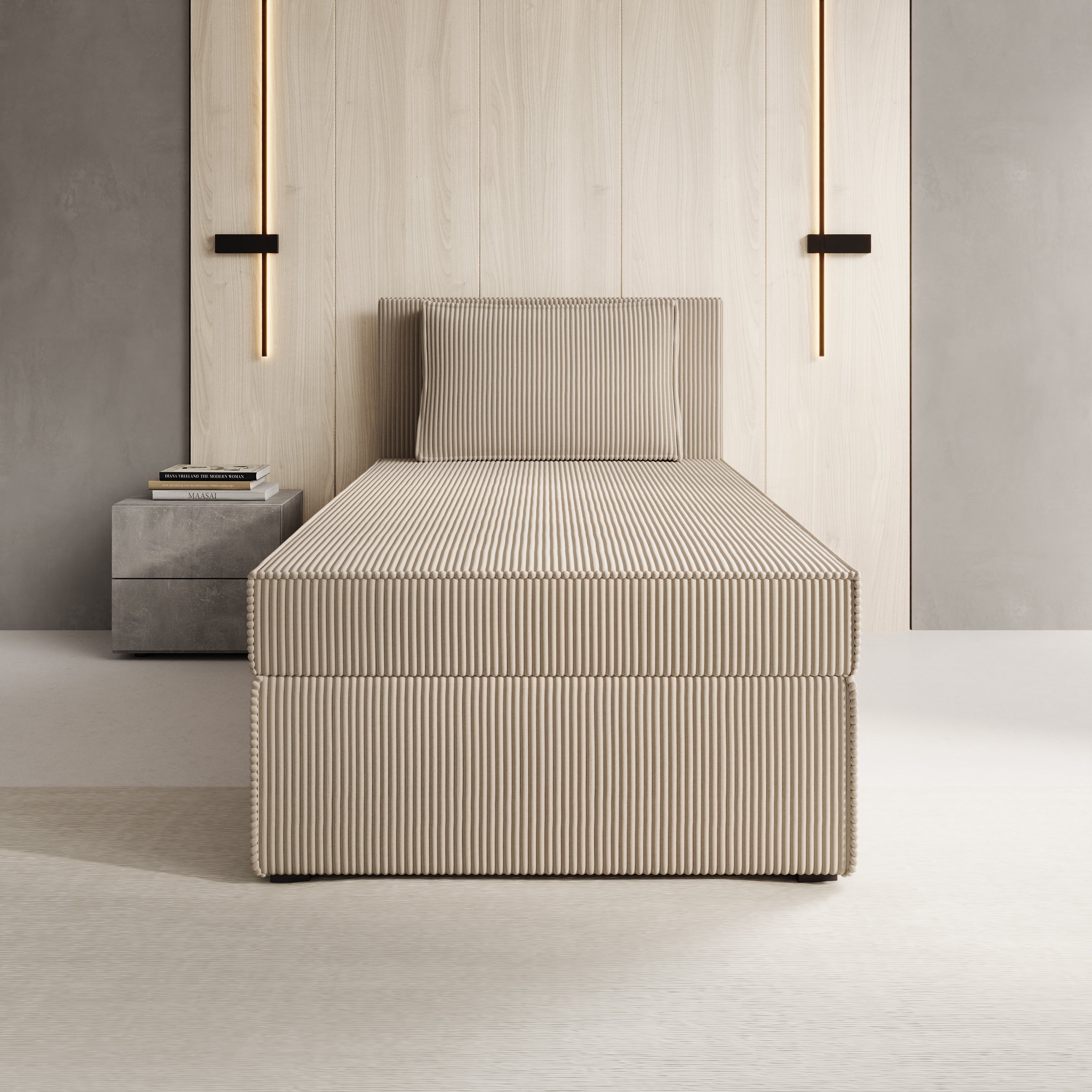 Pelvio - Bospring met opbergruimte - Ribstof beige - 90x200 cm