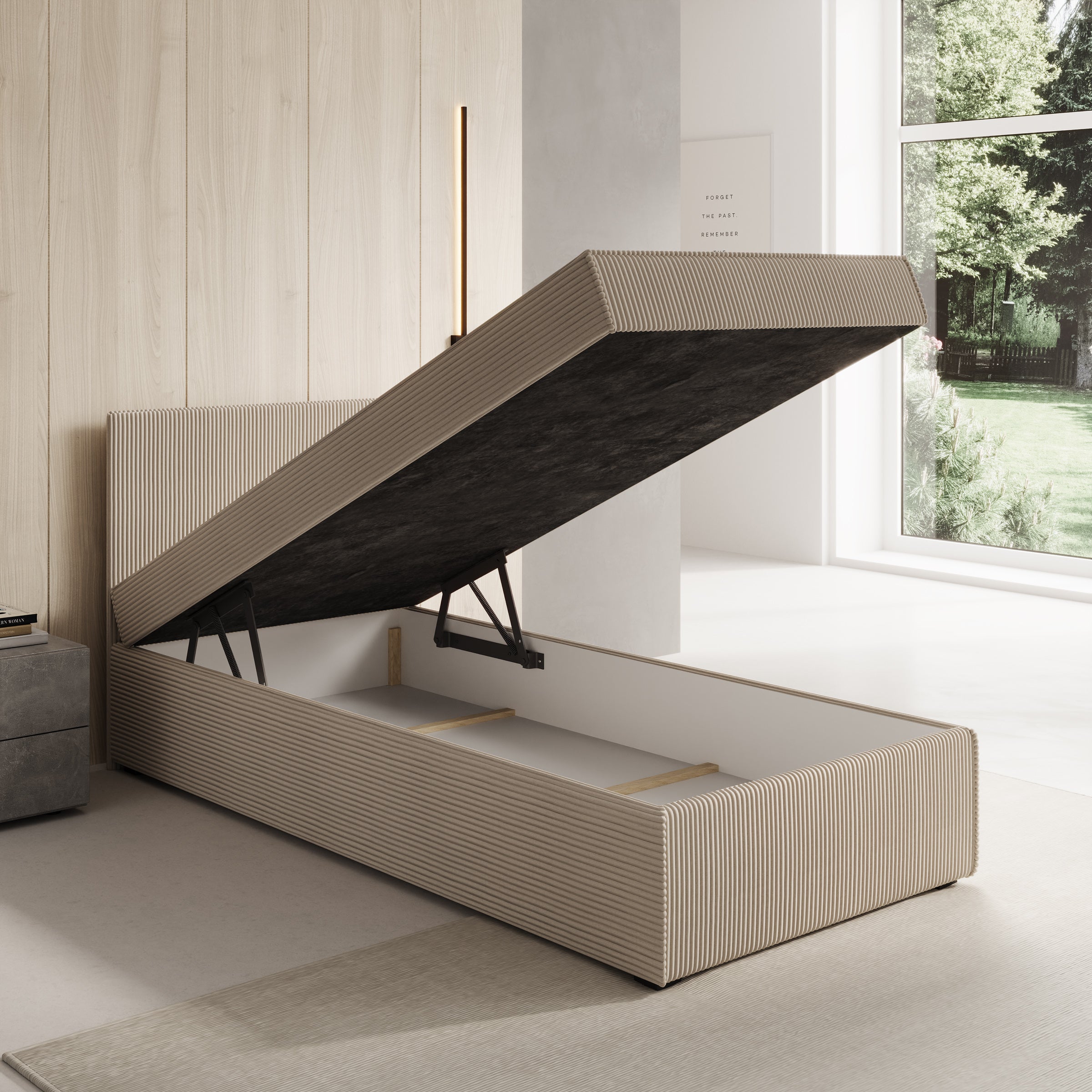 Pelvio - Bospring met opbergruimte - Ribstof beige - 90x200 cm