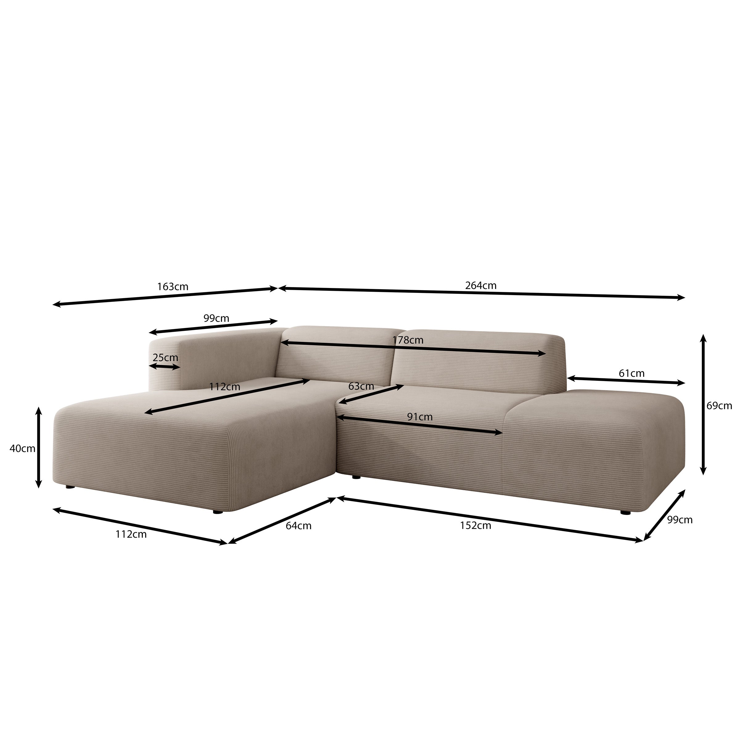 Pruveldo - Hoekbank 3-zits met chaise longue - Ribstof beige - Links
