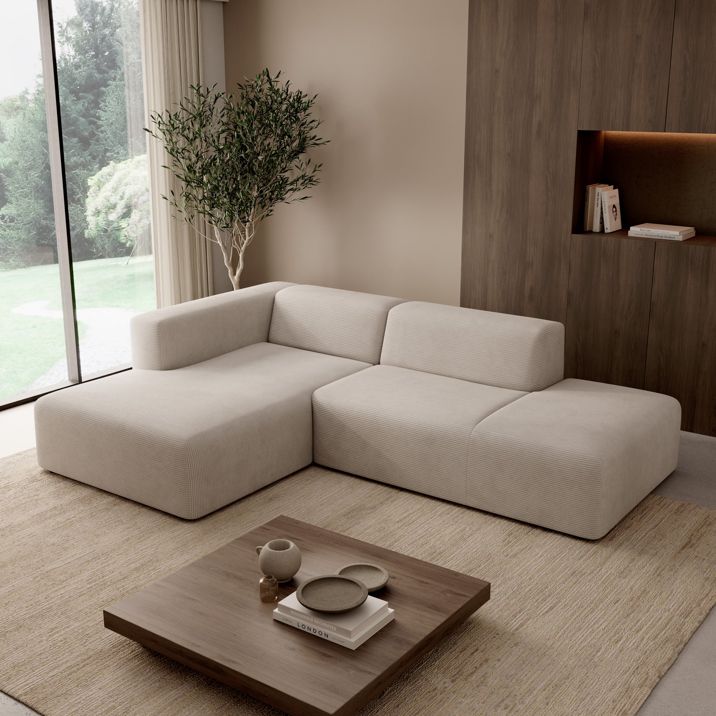 Pruveldo - Hoekbank 3-zits met chaise longue - Ribstof beige - Links