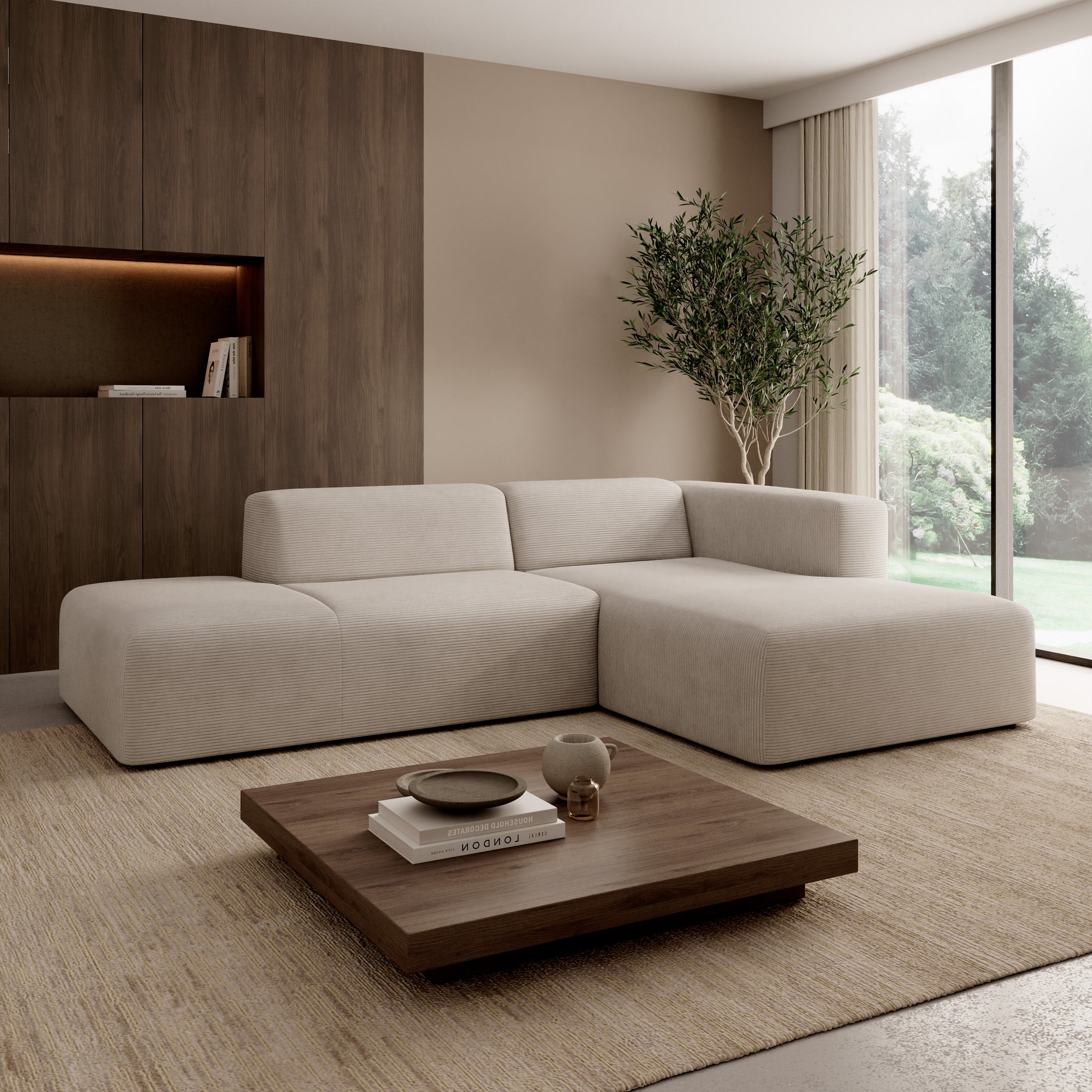 Pruveldo - Hoekbank 3-zits met chaise longue - Ribstof beige - Rechts