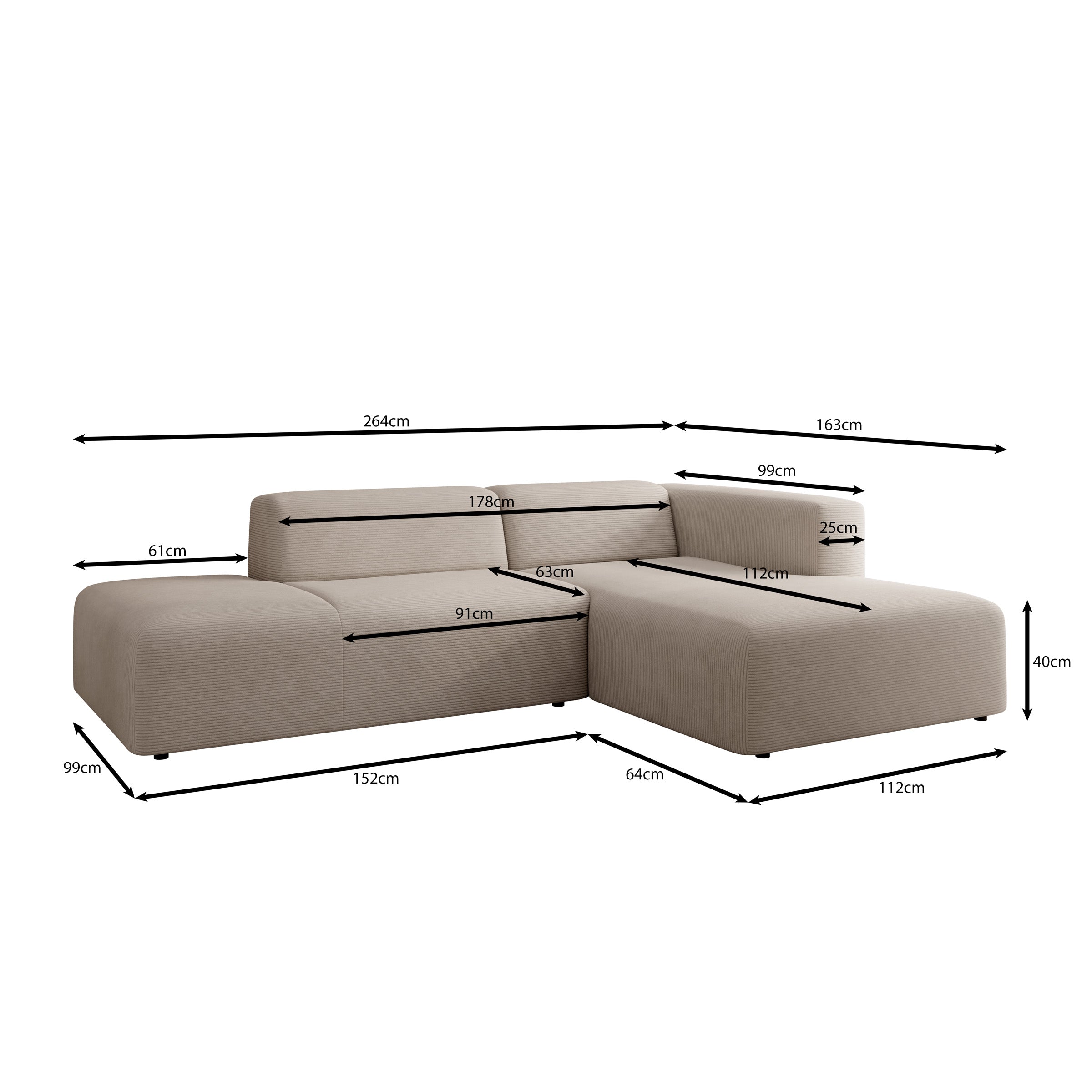 Pruveldo - Hoekbank 3-zits met chaise longue - Ribstof beige - Rechts