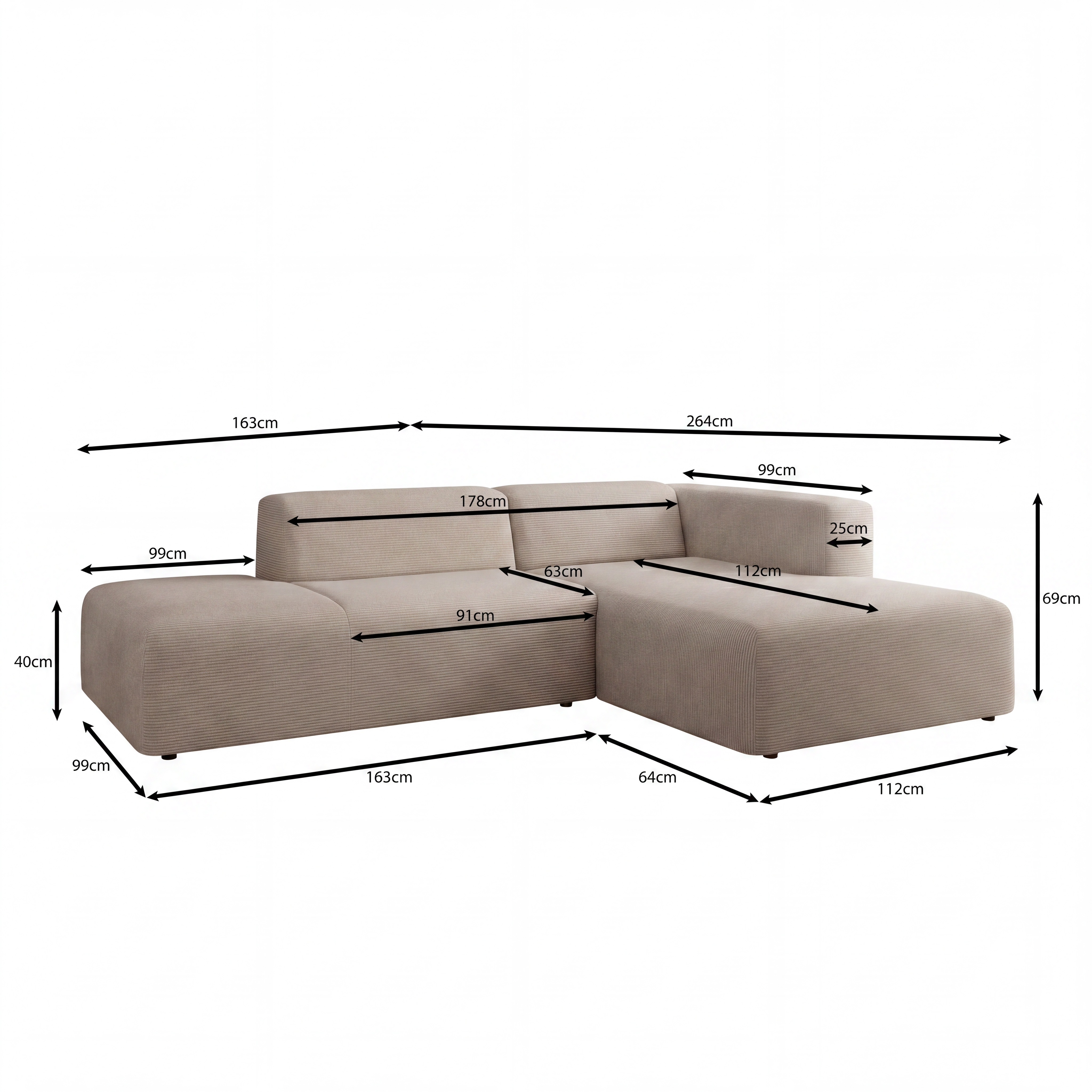 Pruveldo - Hoekbank 3-zits met chaise longue - Ribstof beige - Rechts