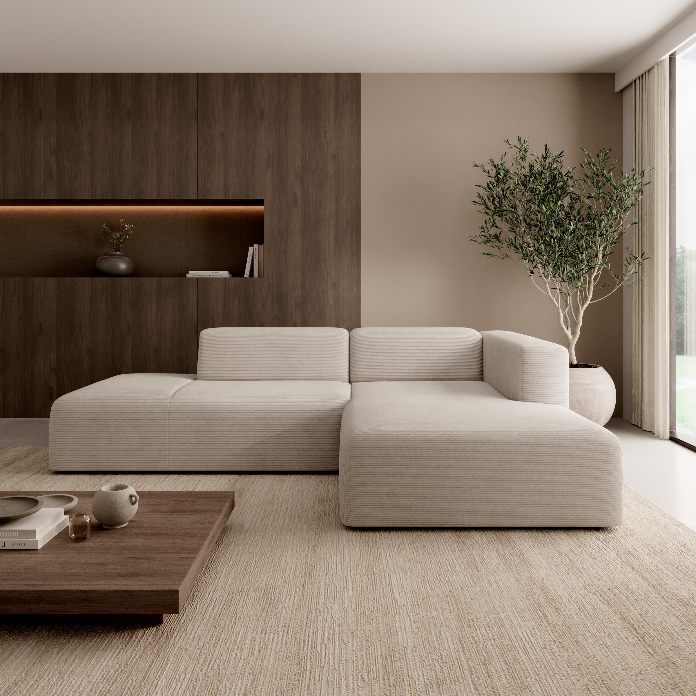 Pruveldo - Hoekbank 3-zits met chaise longue - Ribstof beige - Rechts