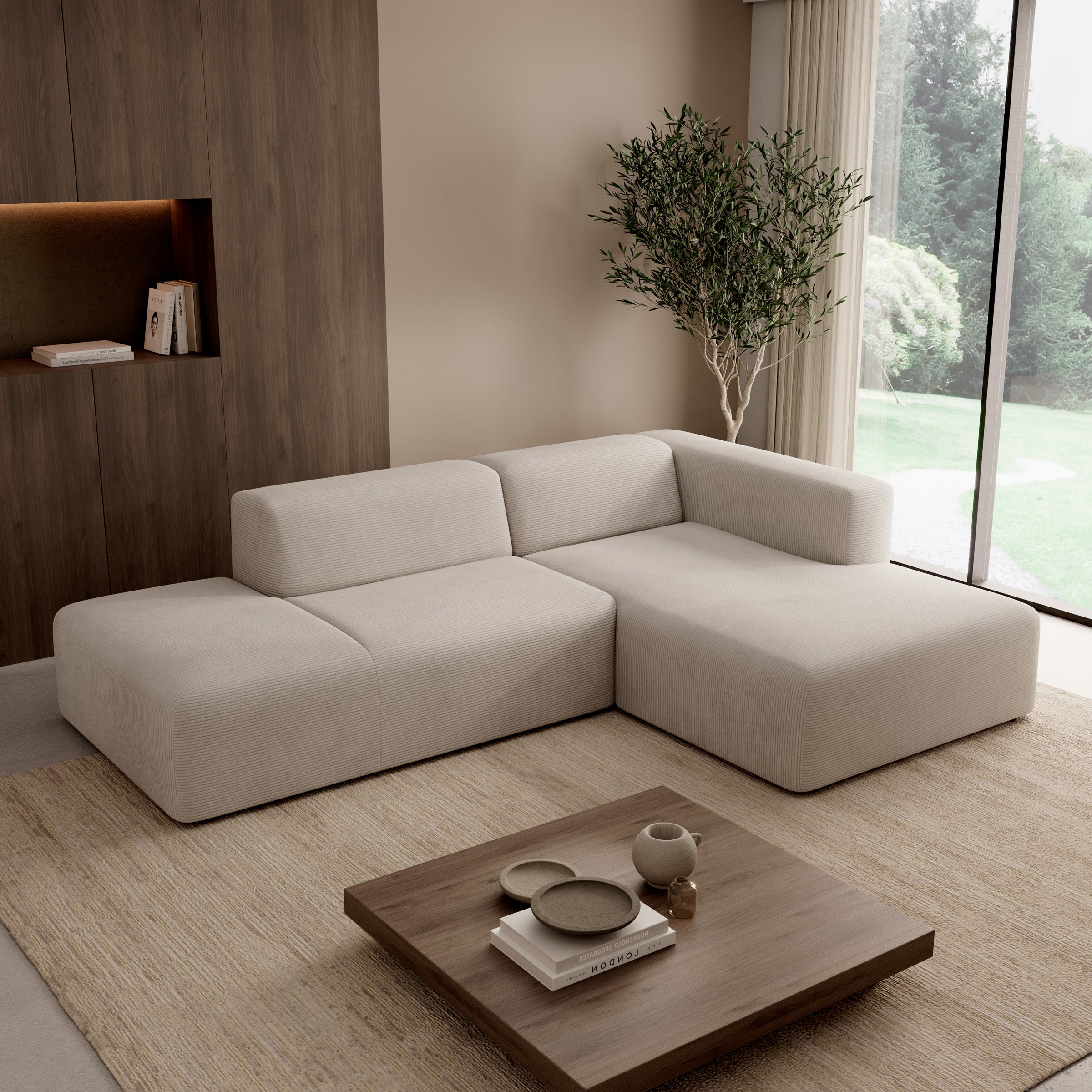 Pruveldo - Hoekbank 3-zits met chaise longue - Ribstof beige - Rechts