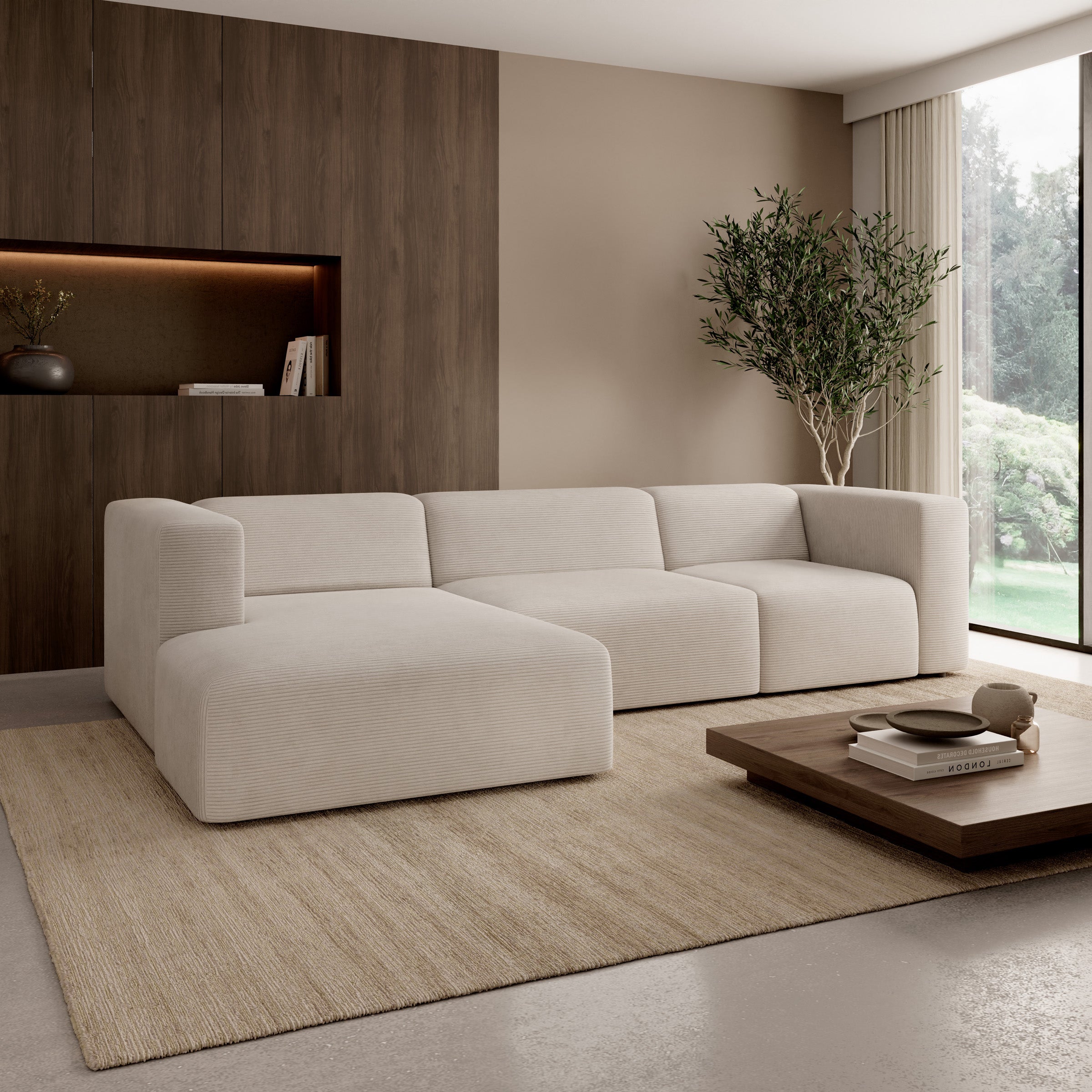 Pruveldo L - Hoekbank 4-zits met chaise longue - Ribstof beige - Links