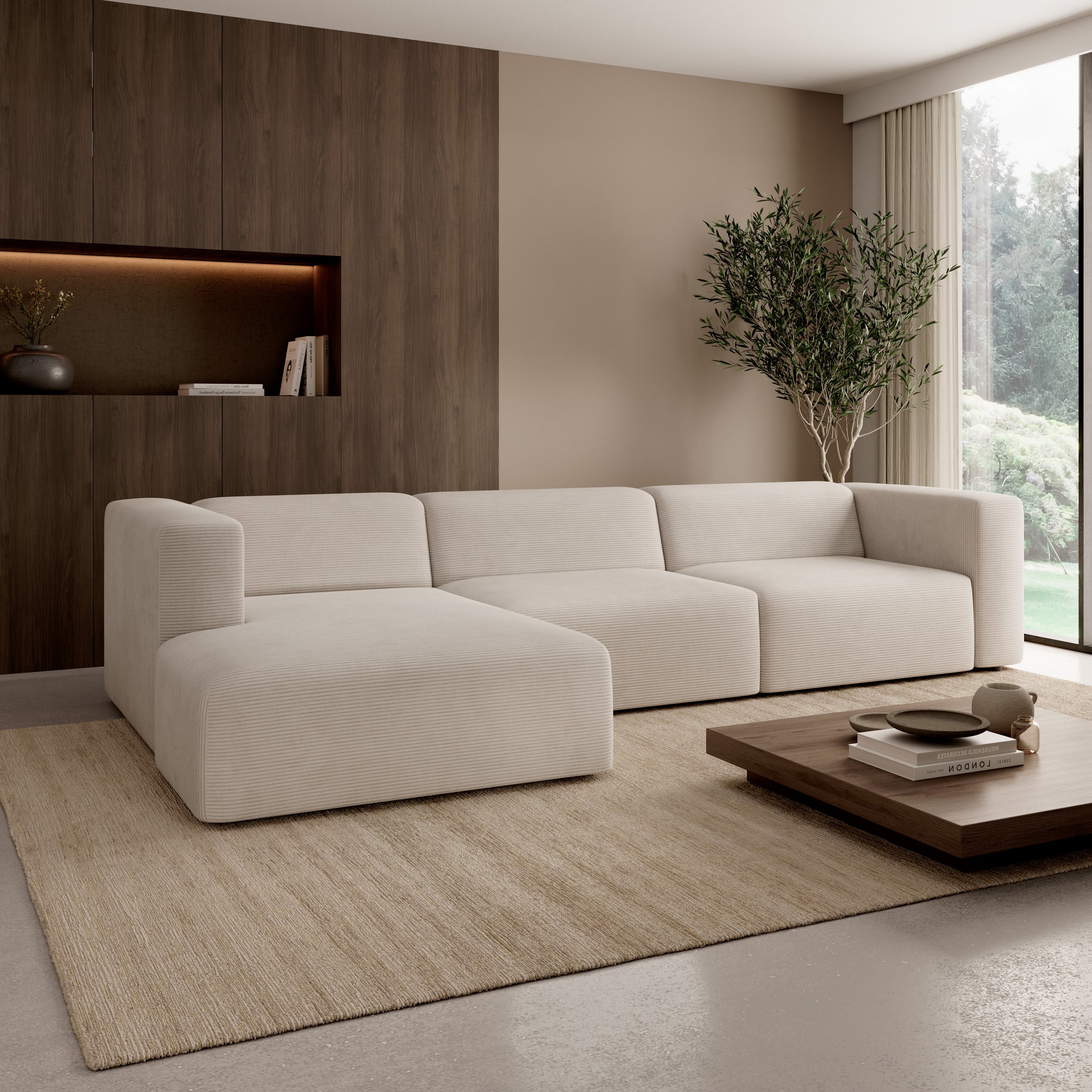 Pruveldo L - Hoekbank 4-zits met chaise longue - Ribstof beige - Links