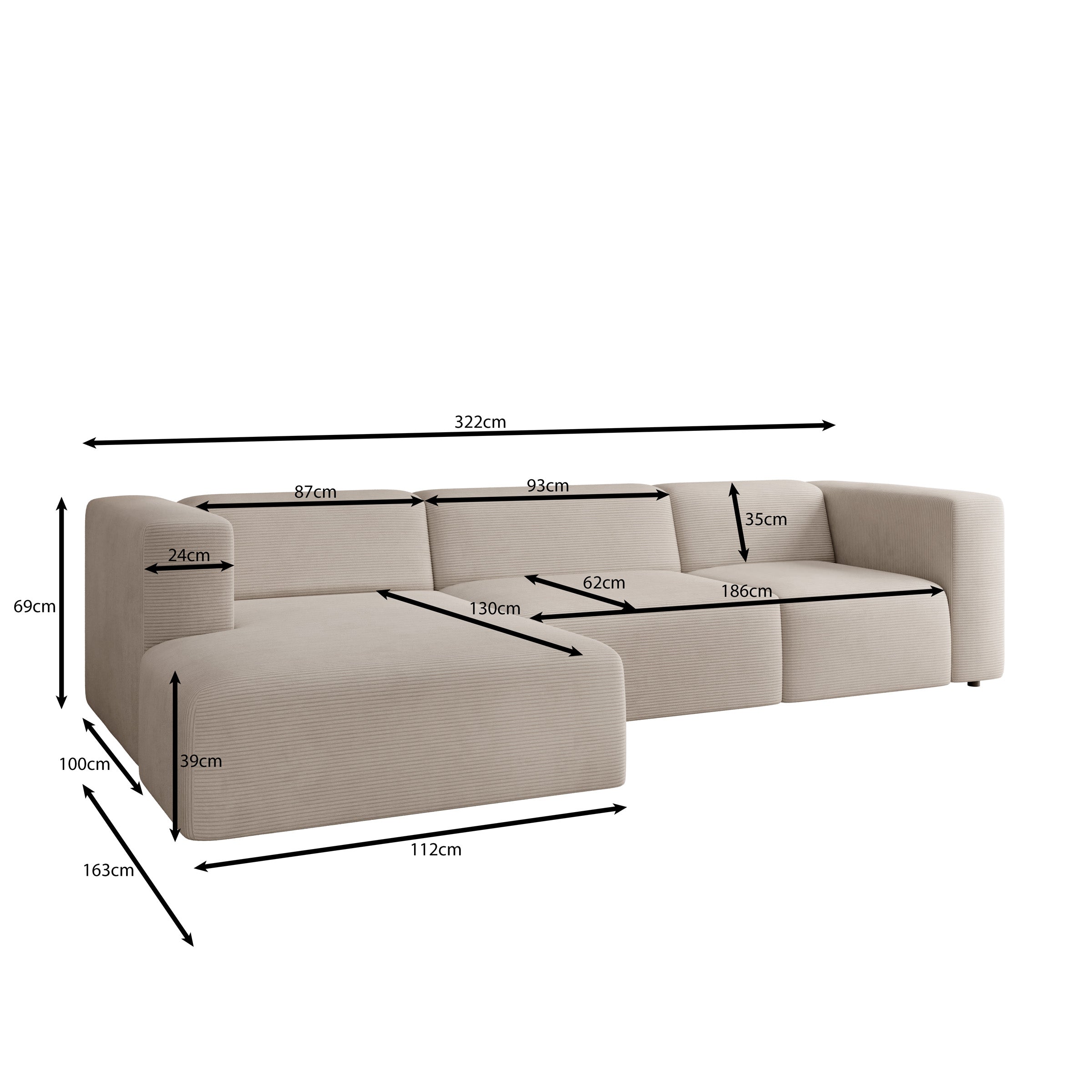 Pruveldo L - Hoekbank 4-zits met chaise longue - Ribstof beige - Links